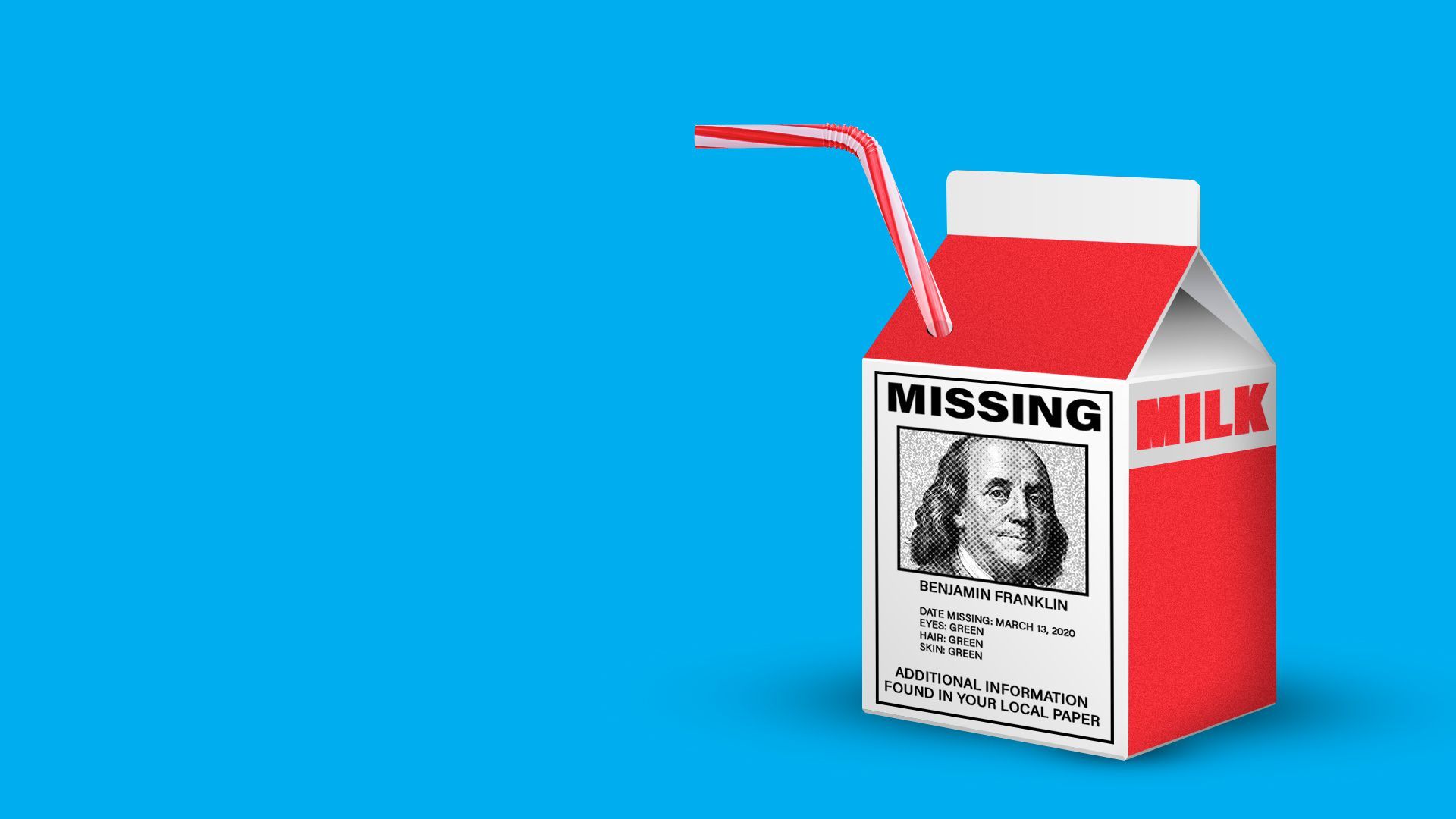 Illustration of a child's milk carton with a straw. On the side of the carton is a MISSING ad for Benjamin Franklin.