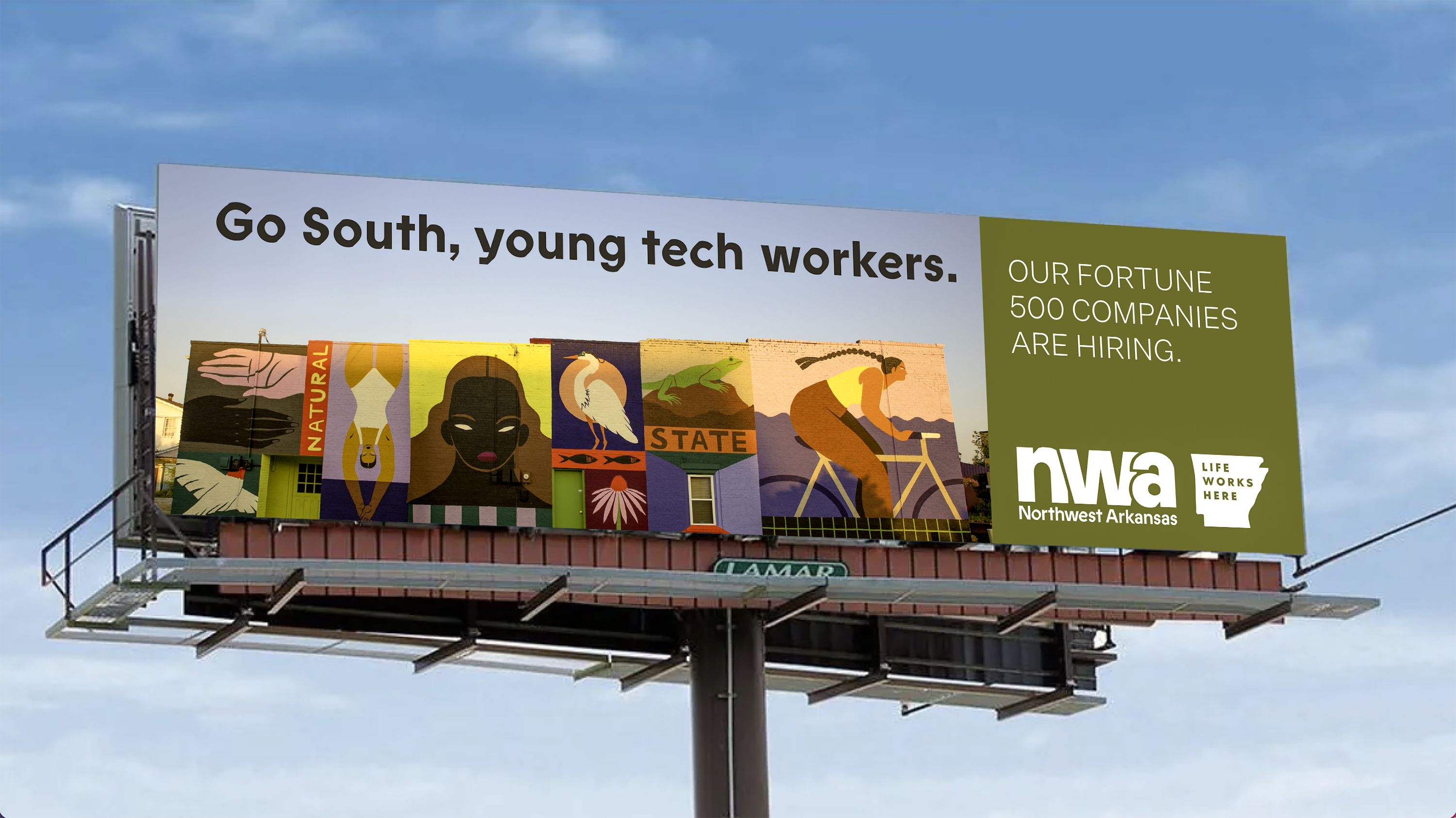 A billboard that reads Go South, young tech workers.