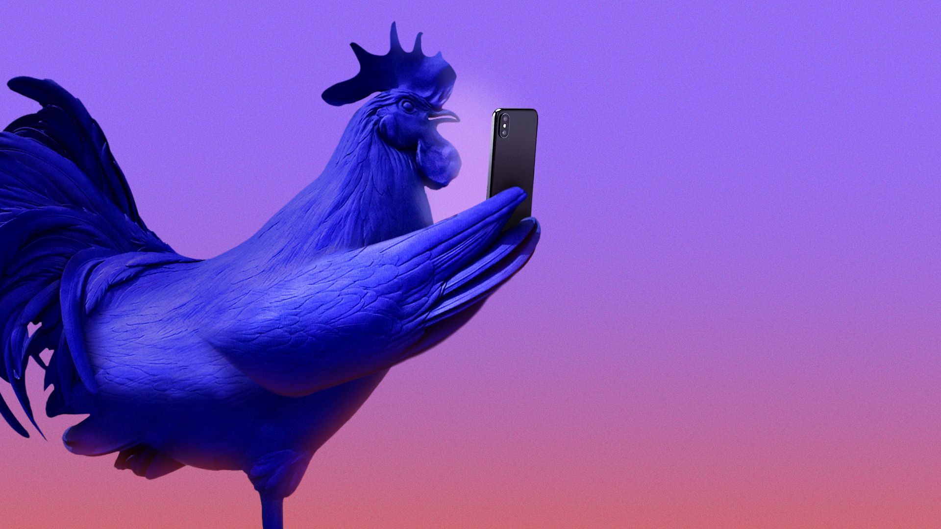 Illustration of the Hahn/Cock statue holding a cellphone. 