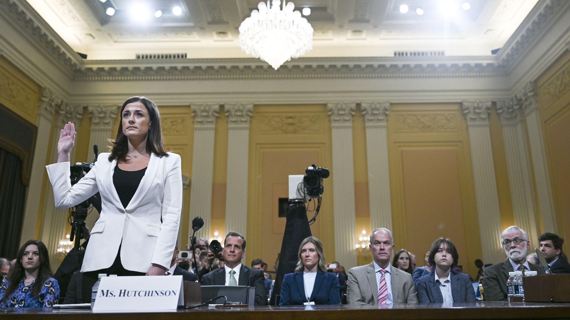 Cassidy Hutchinson, a top former aide to Trump White House Chief of Staff Mark Meadows, is sworn-in