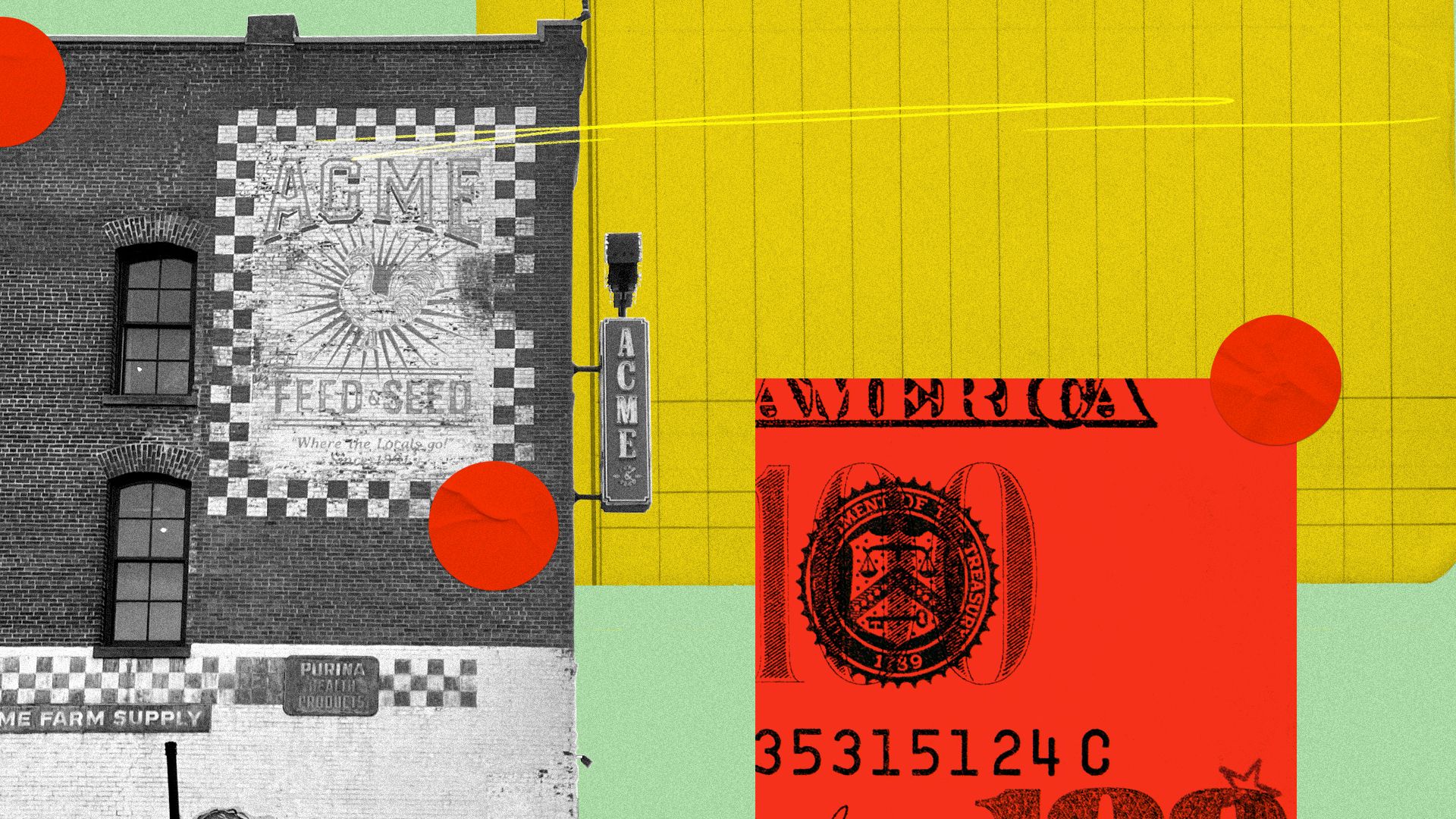 Photo illustration of the Acme Feed & Seed building alongside lined paper, money, and circular stickers.