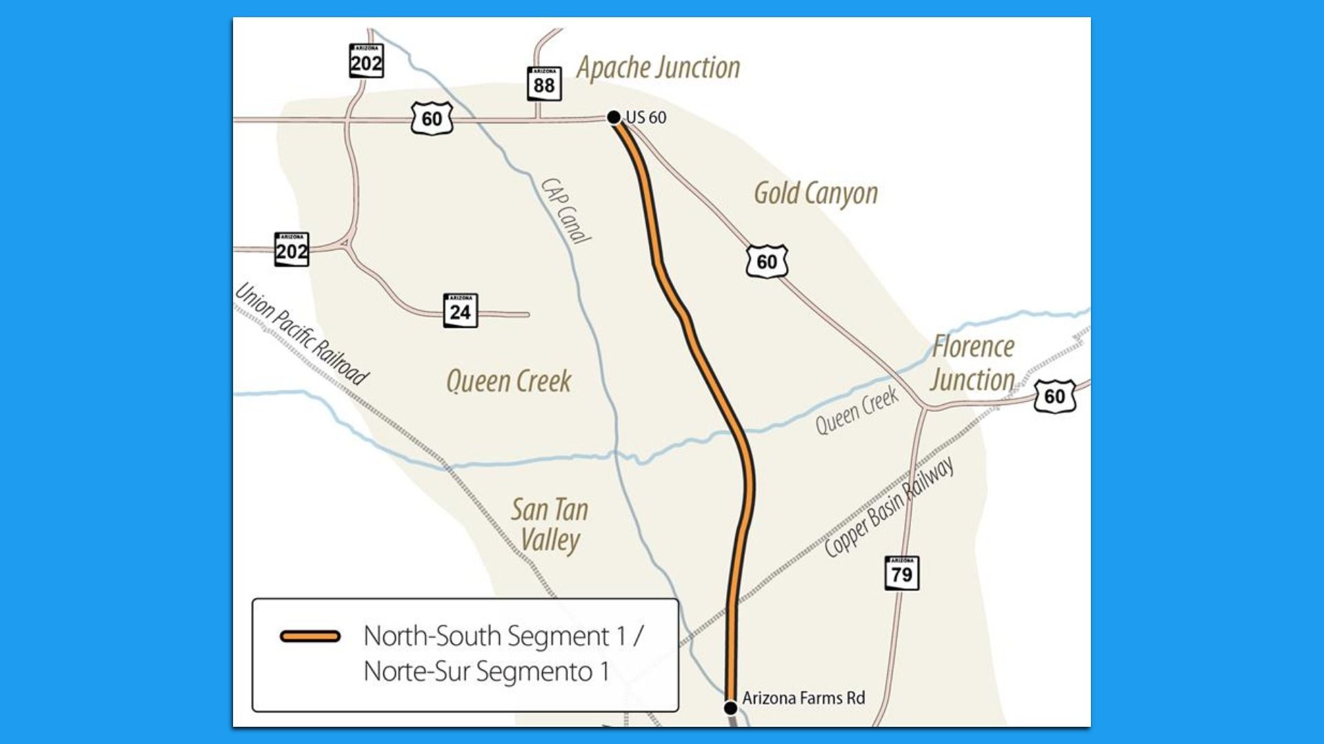 Map of the region of Arizona that includes Apache Junction, Gold Canyon, Queen Creek and San Tan Valley. A thick orange line labeled "North-South Segment 1" shows a proposed highway running north-south through the region.