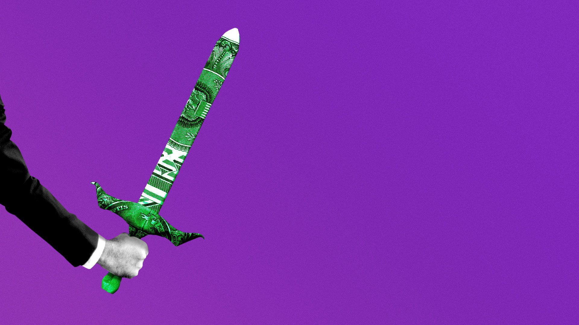 Illustration of suit hand holding a dollar sword