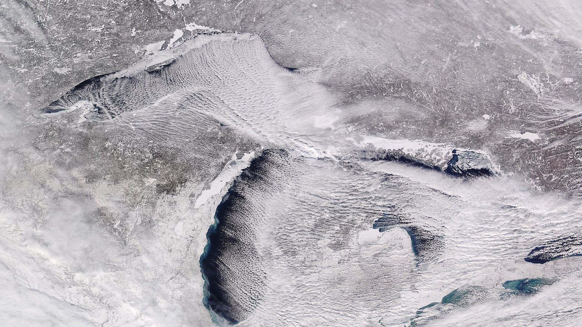Satellite view of a frozen Great Lakes region on Jan. 28, 2019.