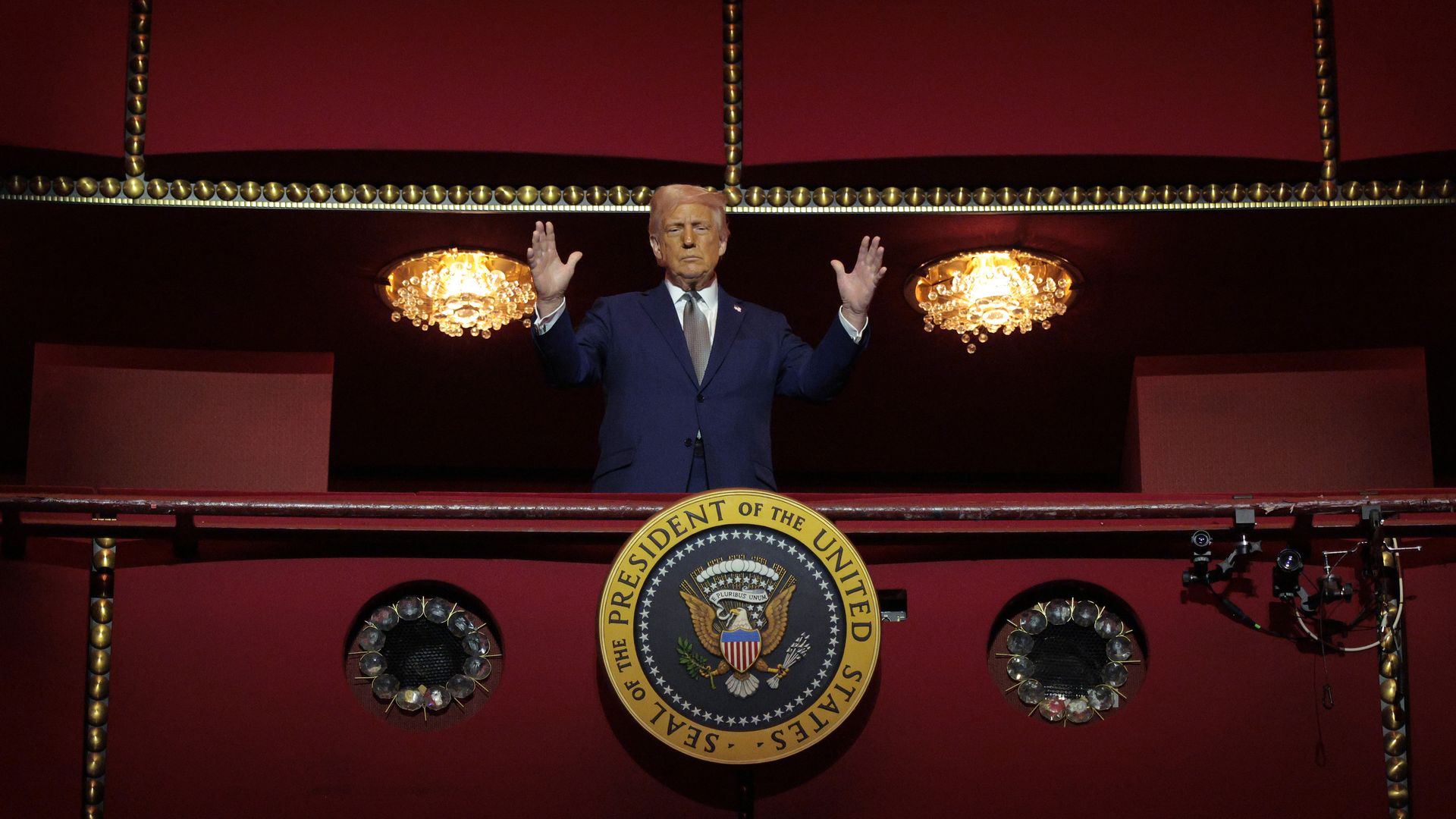 WASHINGTON, DC - MARCH 17: U.S. President Donald Trump looks down from the Presidential Box in the Opera House at the John F. Kennedy Center for the Performing Arts as he participates in a guided tour and leads a board meeting on March 17, 2025 in Washington, DC. After shunning the annual Kennedy Ce