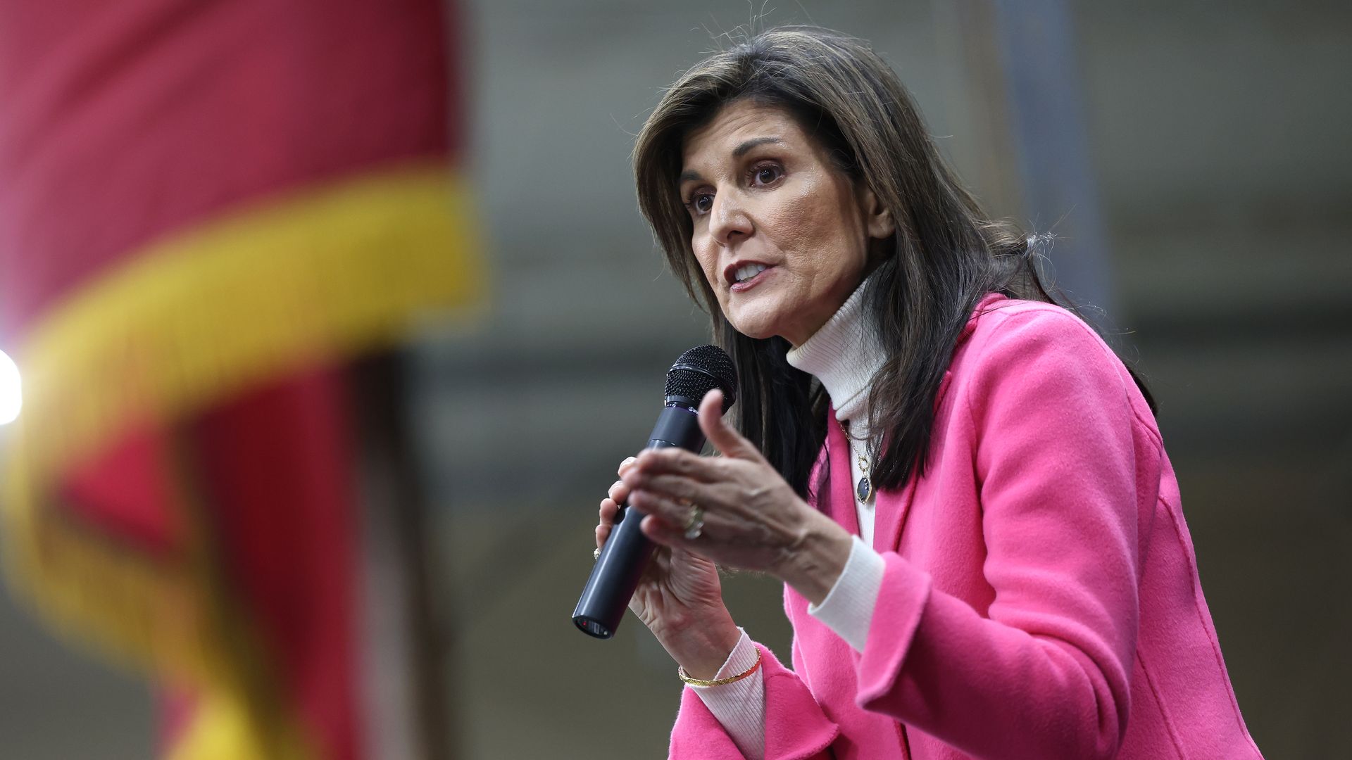 Republican presidential candidate former U.N. Ambassador Nikki Haley visits a caucus site at Franklin Junior High on January 15, 2024 in Des Moines, Iowa