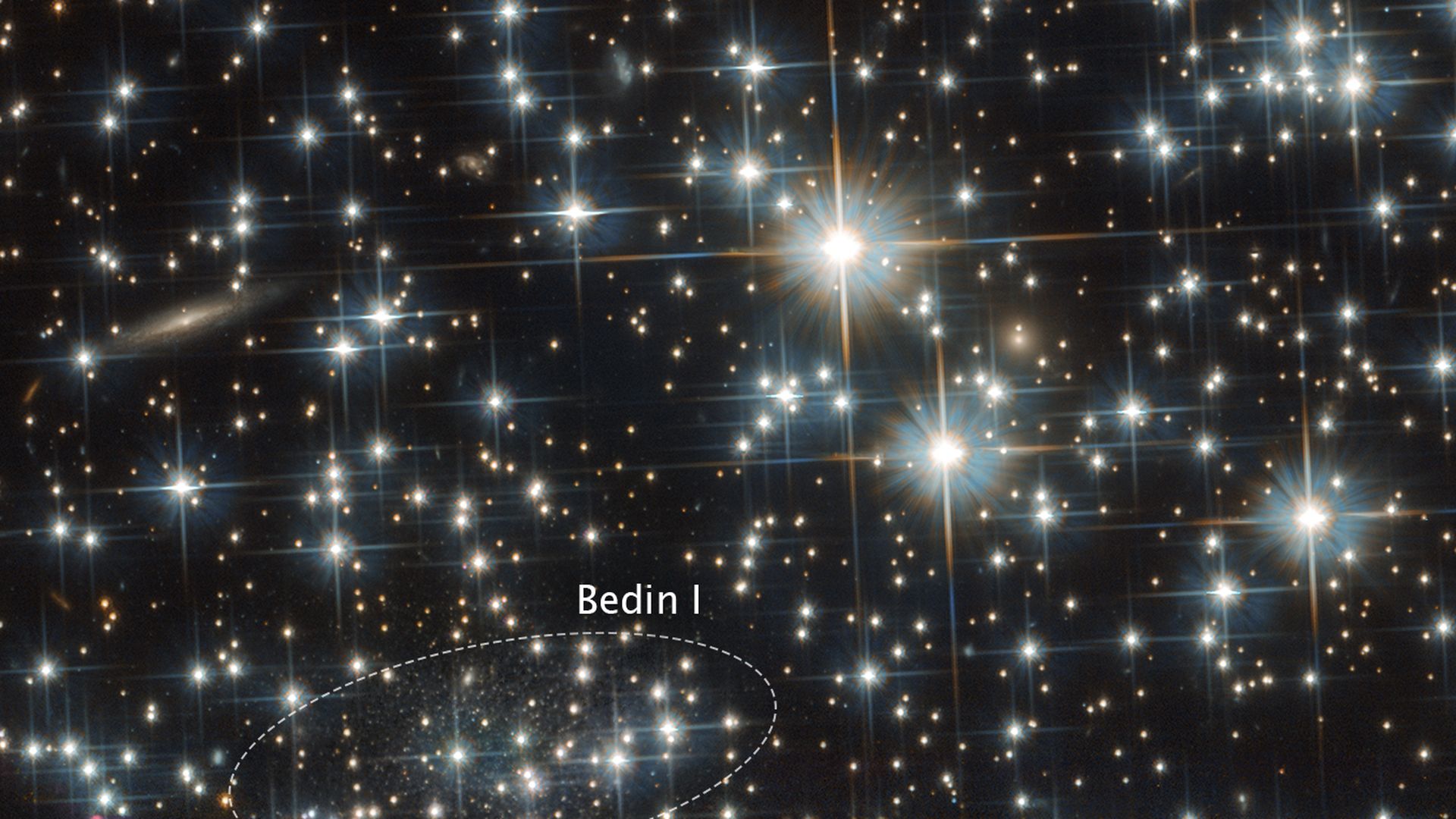 A Hubble Space Telescope image of stars within the globular cluster NGC 6752. Hidden among the stars is newly discovered galaxy Bedin I