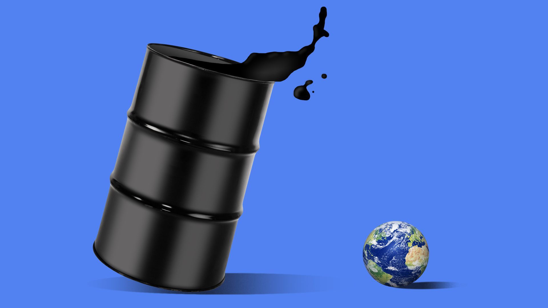 Illustration of a giant oil barrel about to tip over and spill oil over a small Earth
