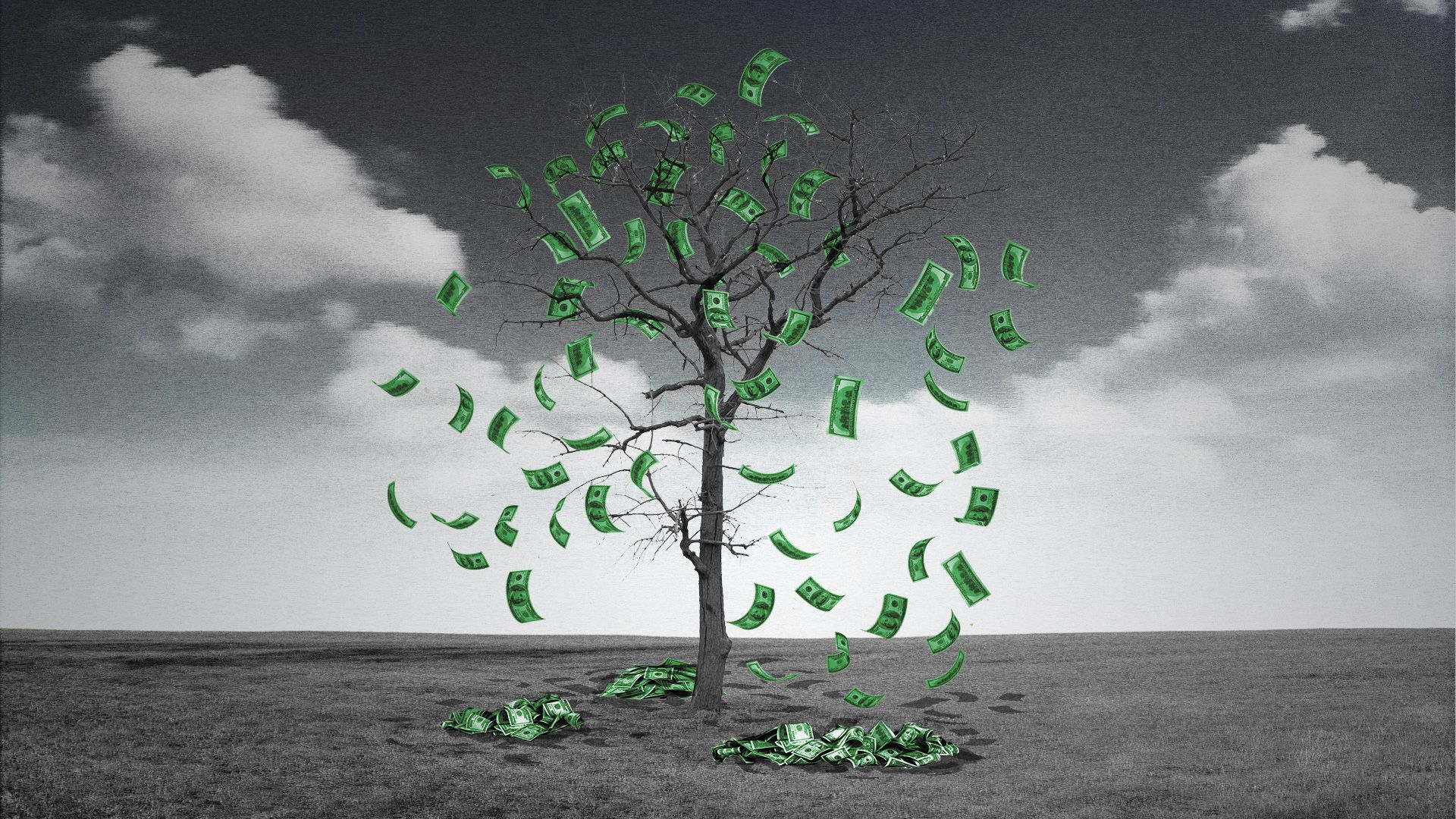 Illustration of a dying tree with money falling from its branches.