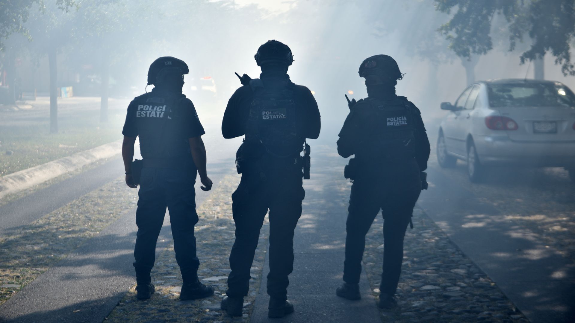 Three police officers in black uniforms and helmets with "Policía Estatal" on their backs stand on a smoke-filled street with trees and a silver car nearby.