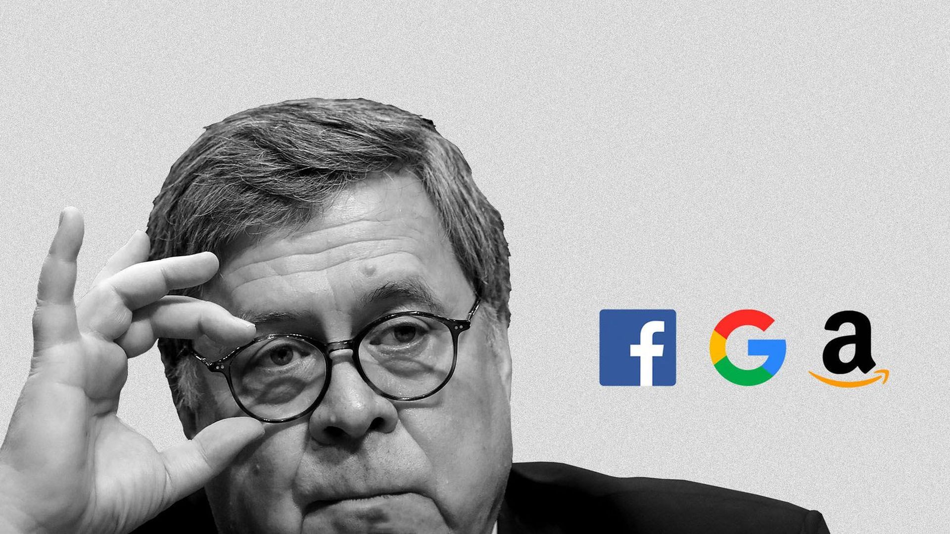 Illustration of Attorney General William Barr eyeing logos of Facebook, Google, and Amazon