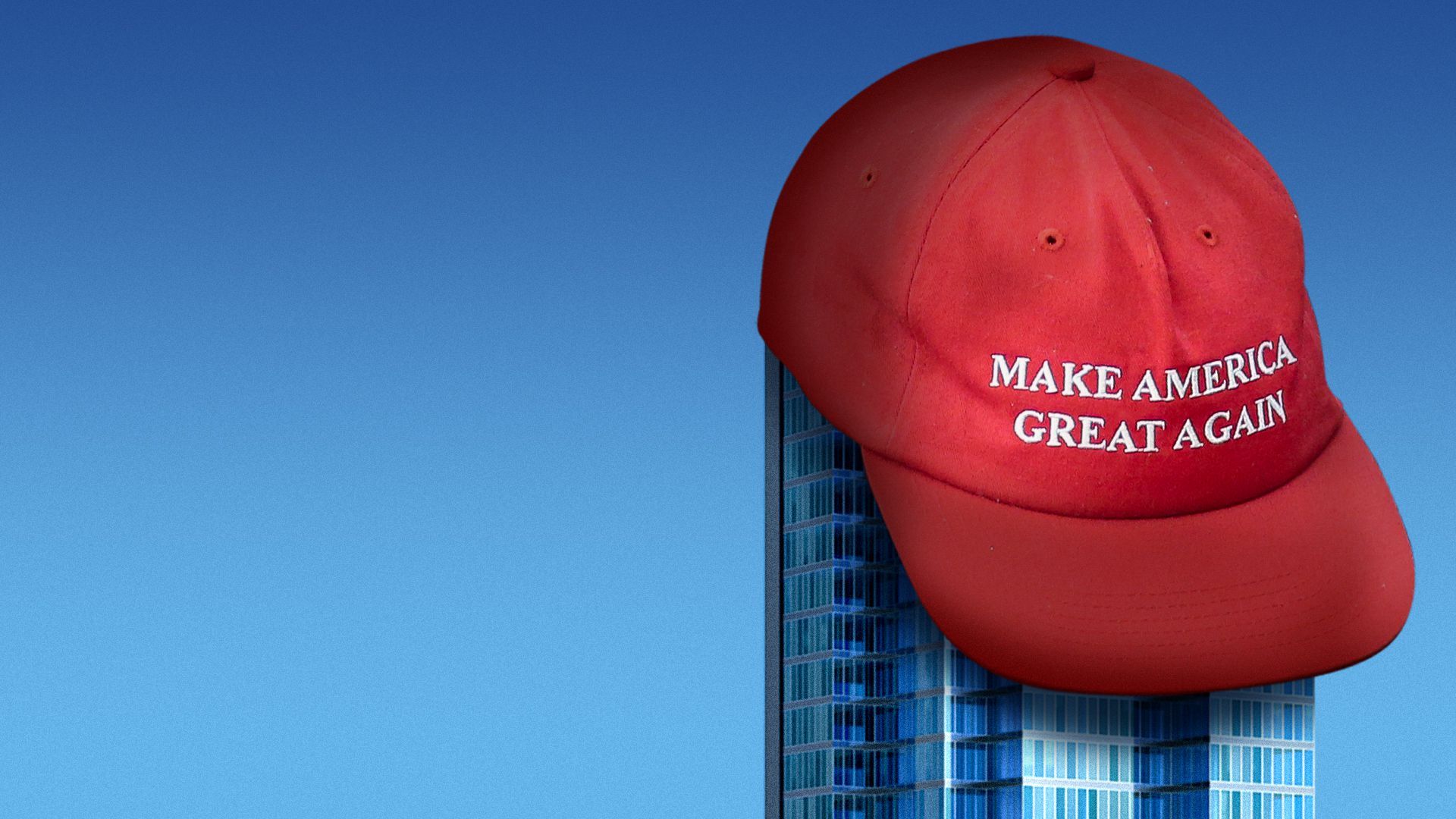 Illustration of an office building wearing a MAGA hat.