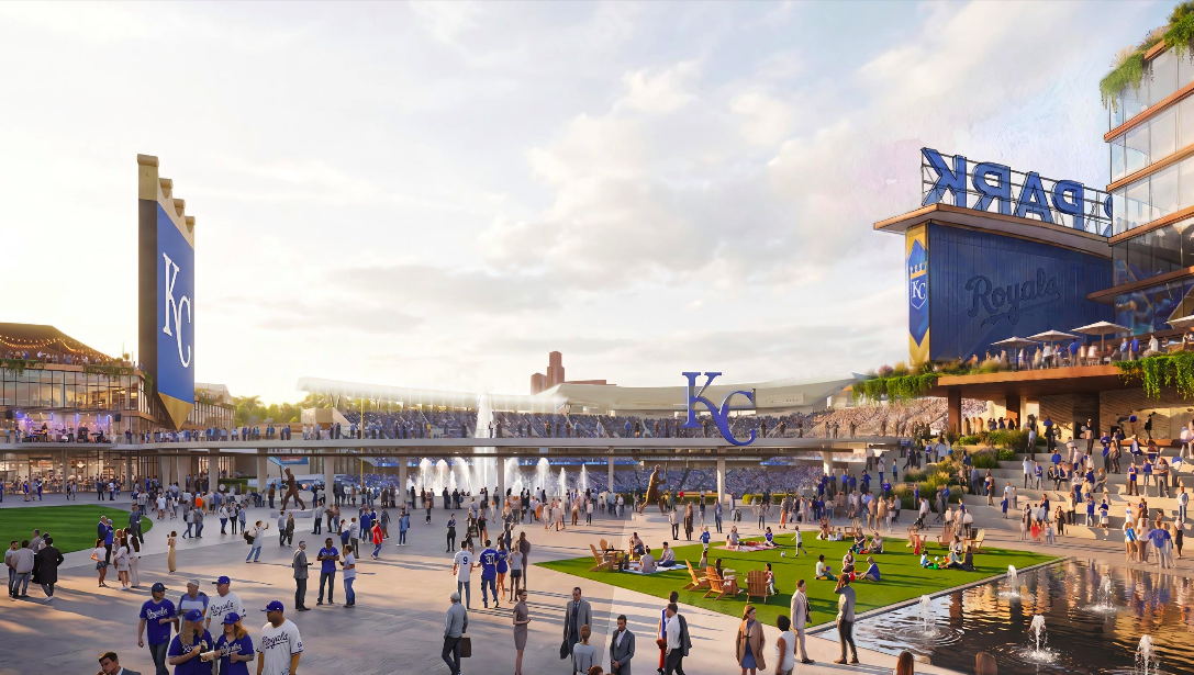 Rendering shows crowds on a grassy plaza in front of a stadium with a big water fountain, a crown-shaped video board reading KC, and a blue structure reading "Royals Park"