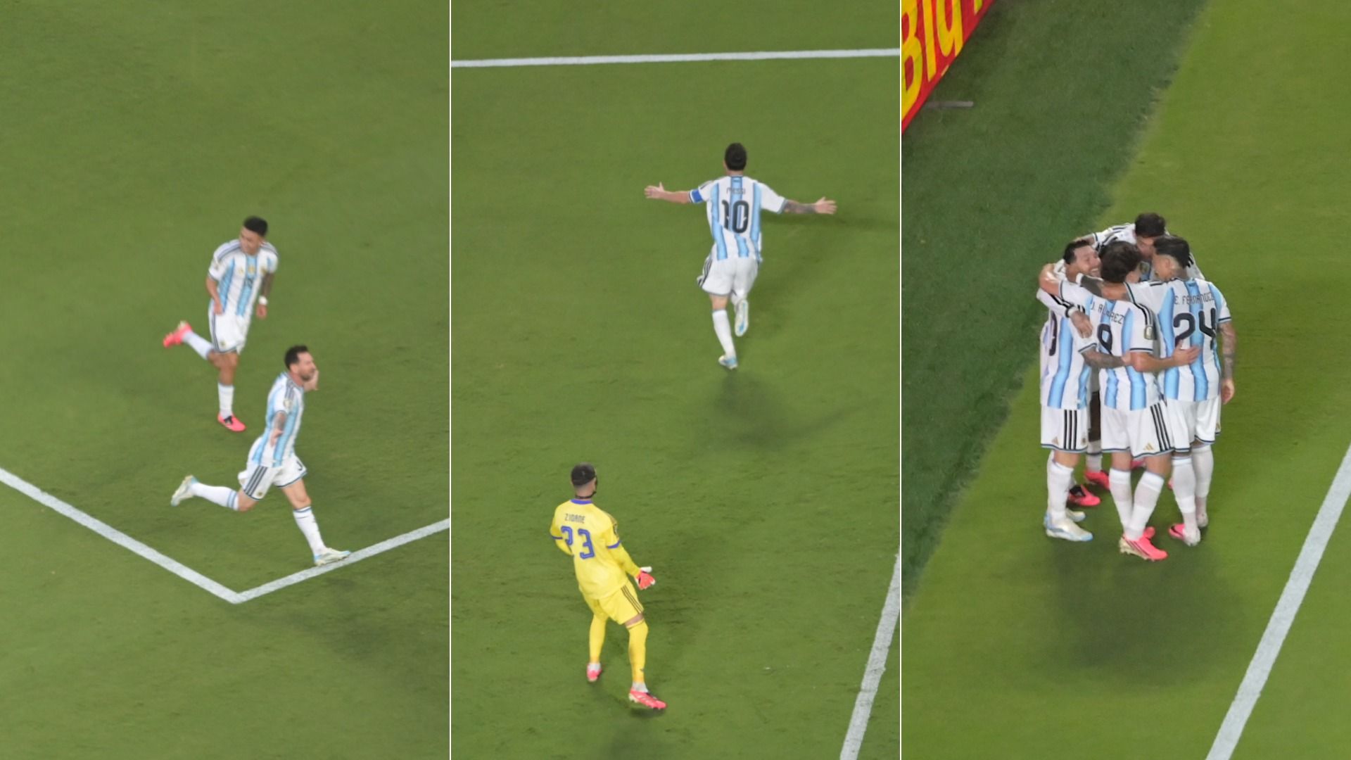 Collage of a soccer match: Argentina players in blue-and-white stripes celebrate on a green pitch. Center player with number 10 runs, left two players, right group hugs near advertising boards.