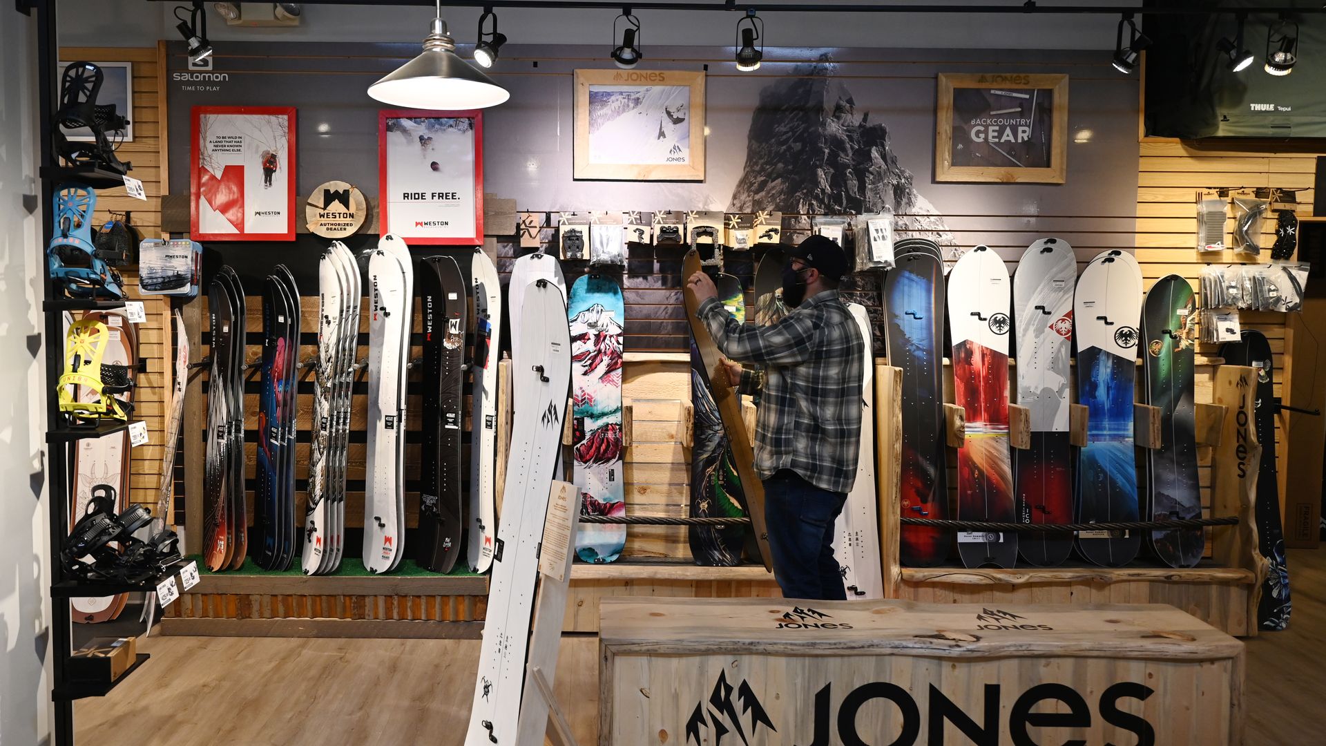 Matt Fries works in the split skis section at Bentgate Mountaineering on December 14, 2021 in Golden, Colorado.