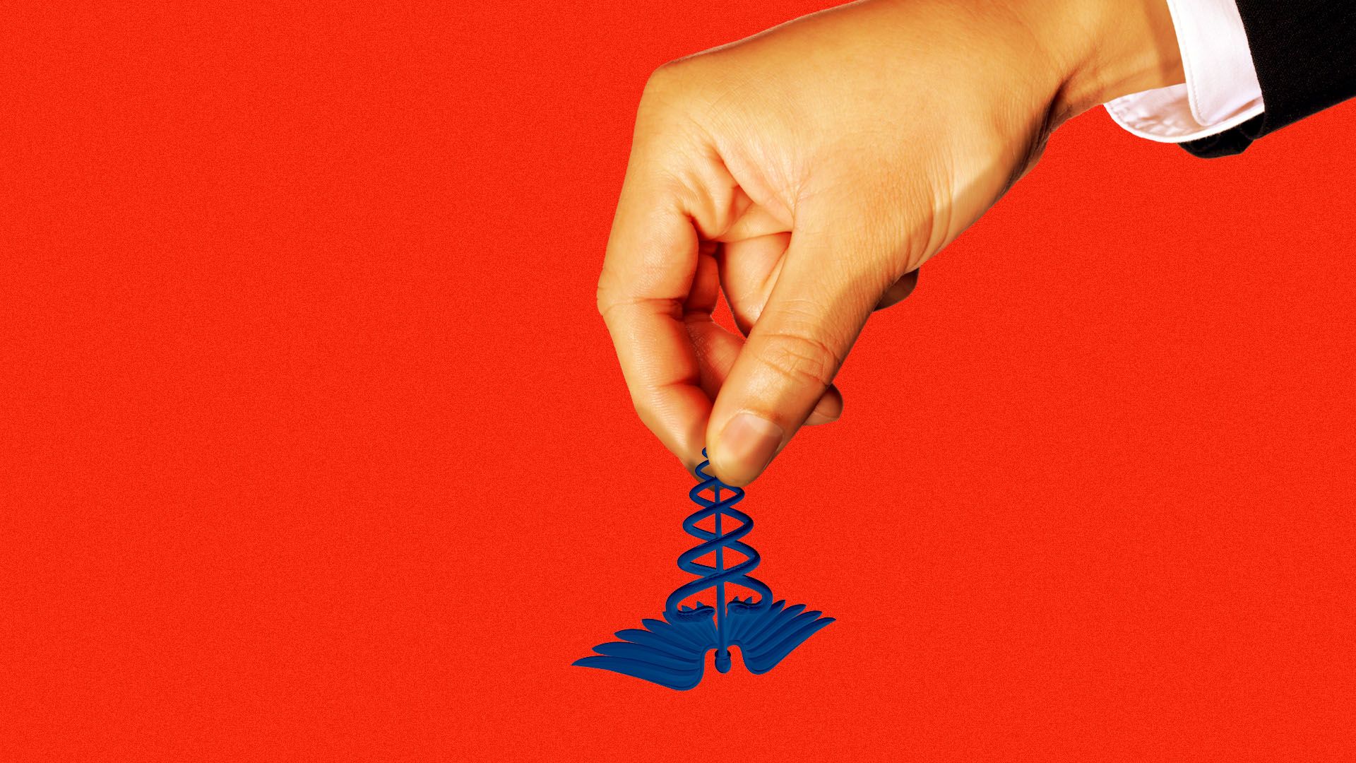 Illustration of a hand in a suit holding a tiny caduceus