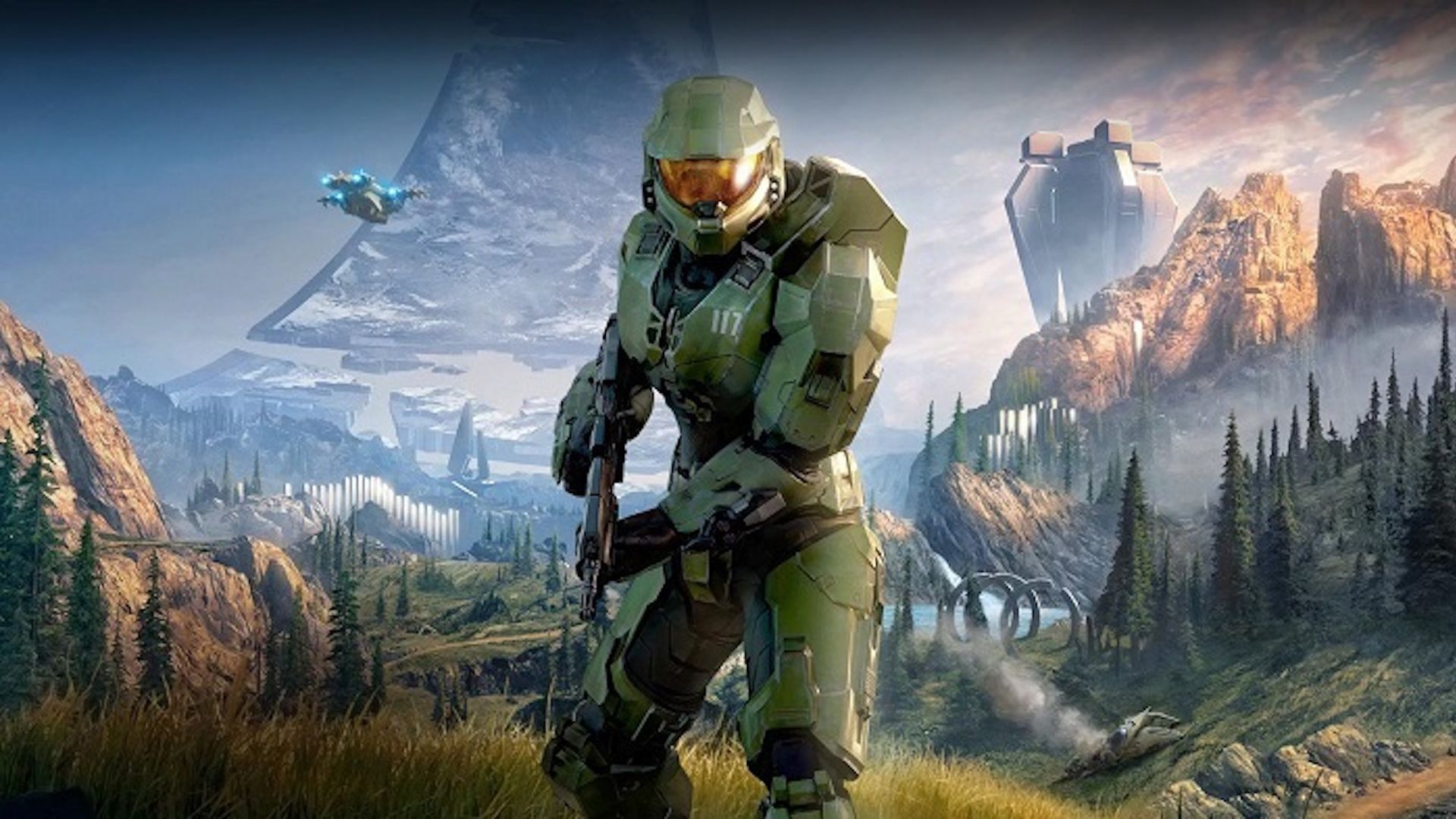 Illustration of Halo hero Master Chief standing in front of a field