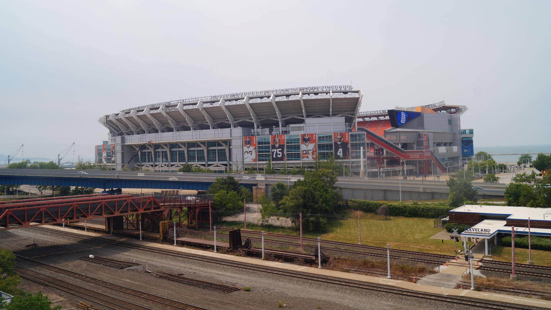Cleveland Browns Stadium in front of an overcast sky