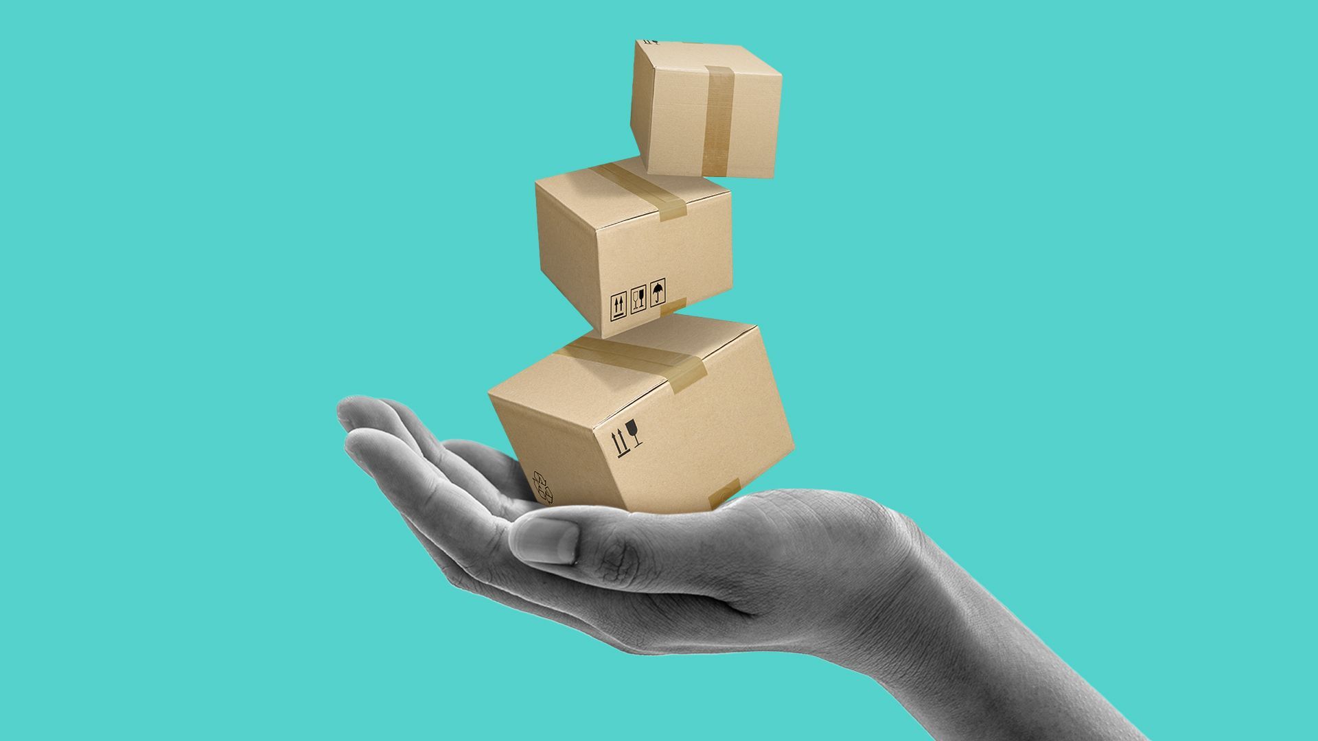 Illustration of an outstretched hand with boxes falling into it