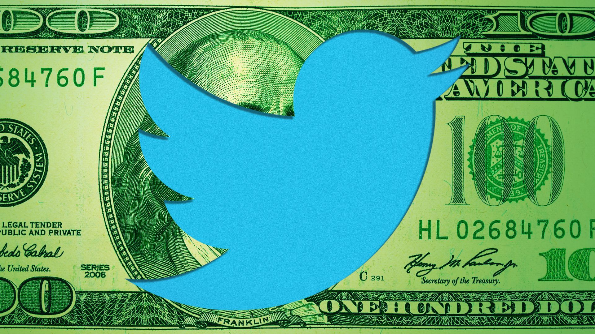 Illustration of the Twitter logo cut out of a hundred dollar bill. 