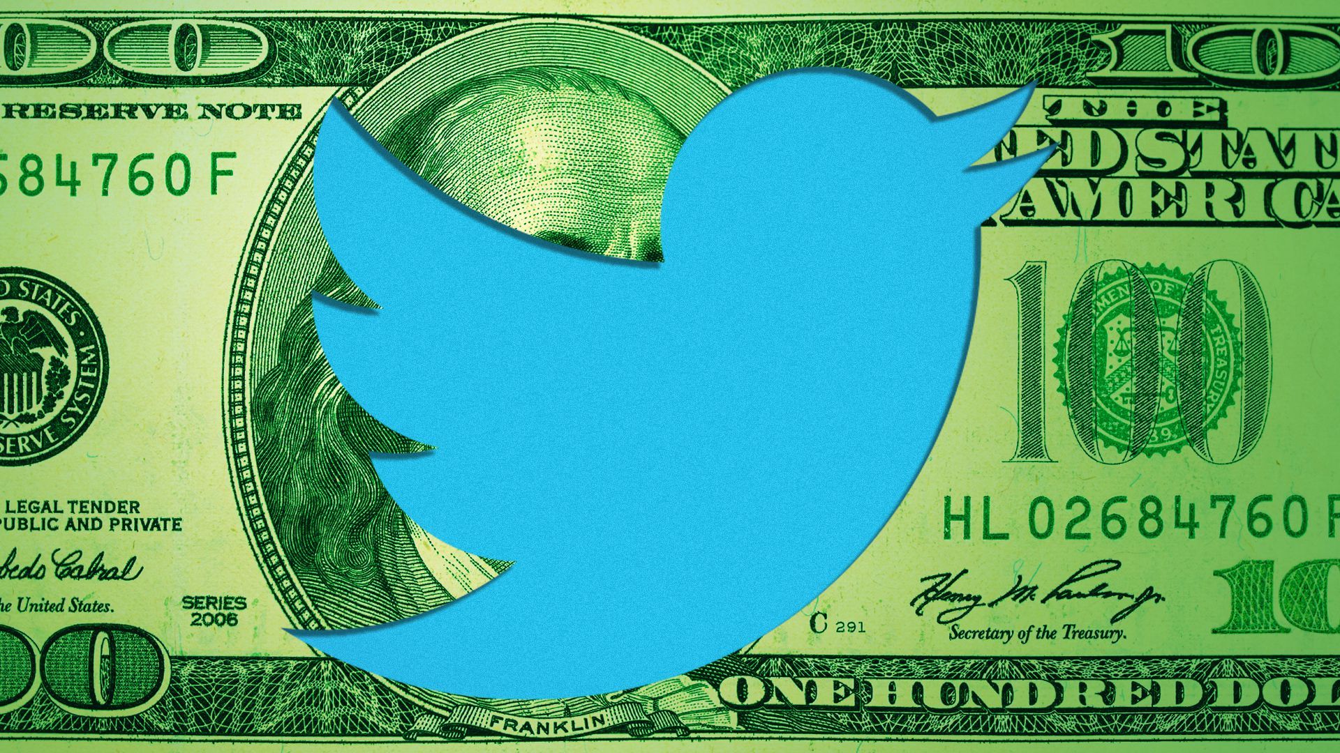 Illustration of the Twitter logo cut out of a hundred dollar bill.