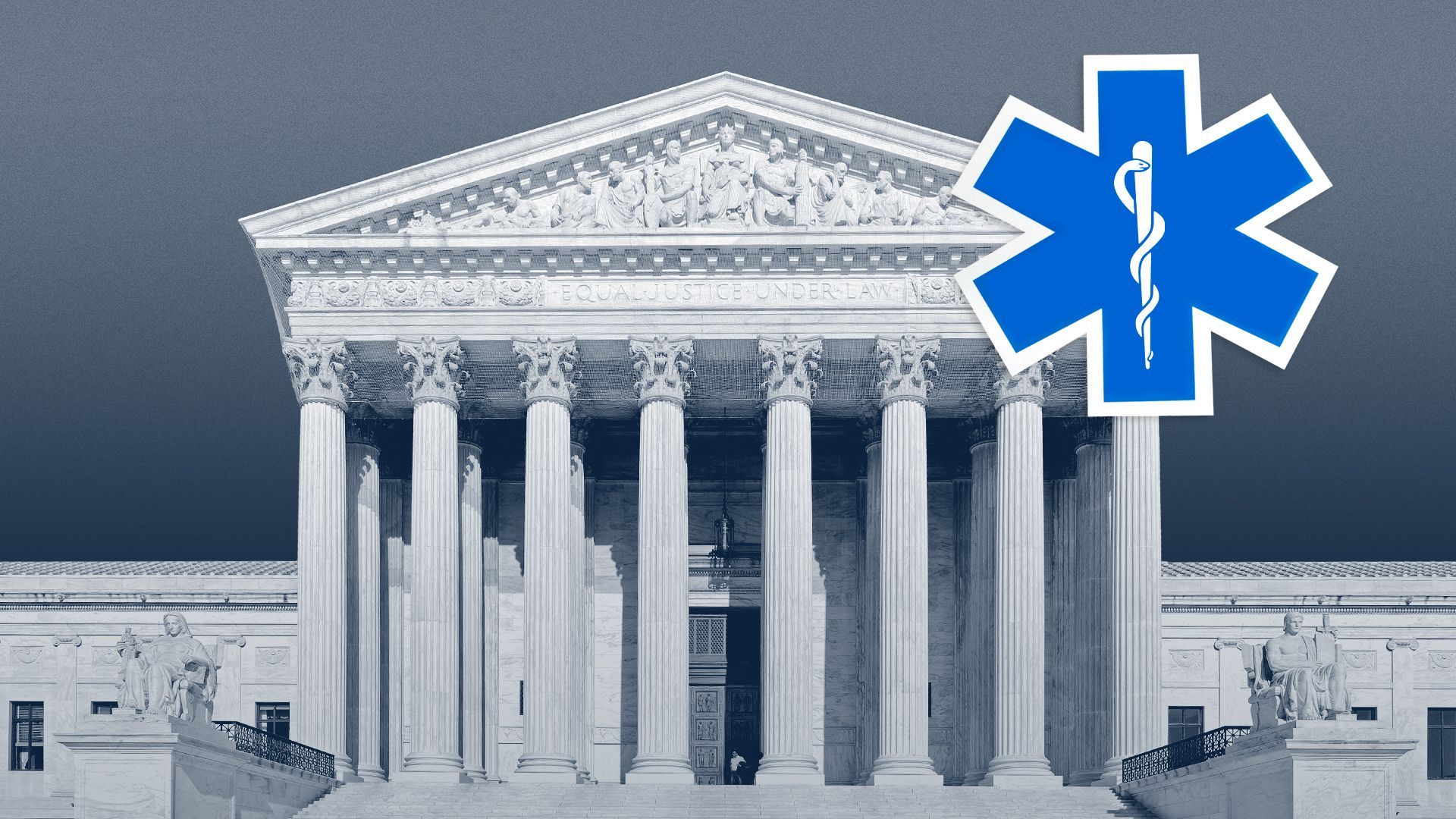 Illustration of the supreme court with an asterisk made of the ambulance symbol.