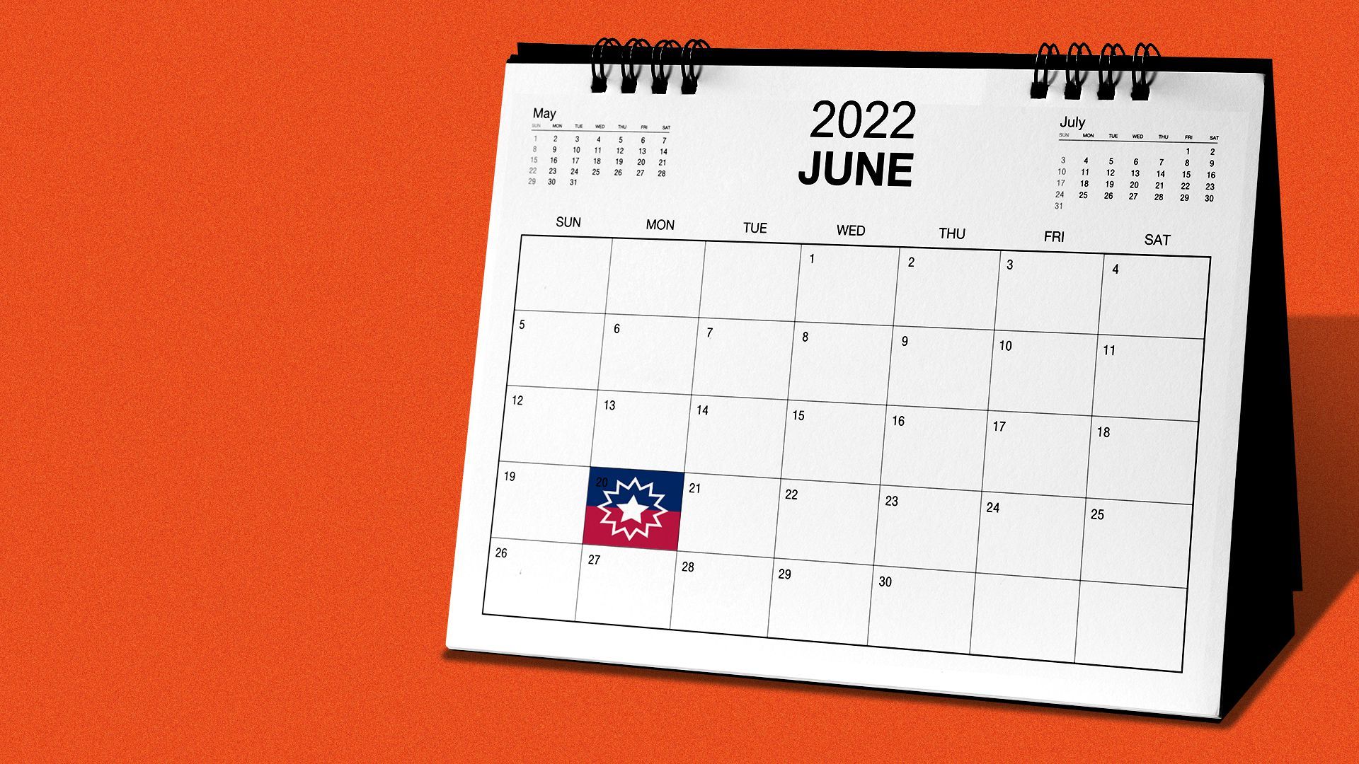 Illustration of the June 2022 calendar with the Juneteenth flag filling the Monday the 20th square