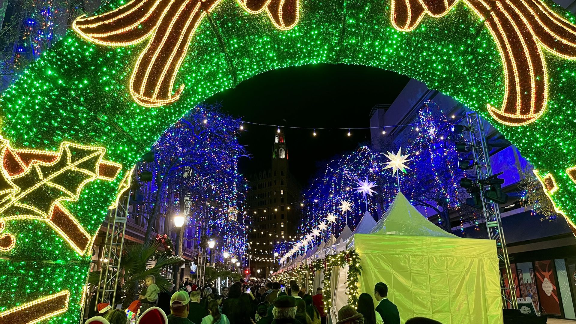 Bright holiday lights in downtown San Antonio.