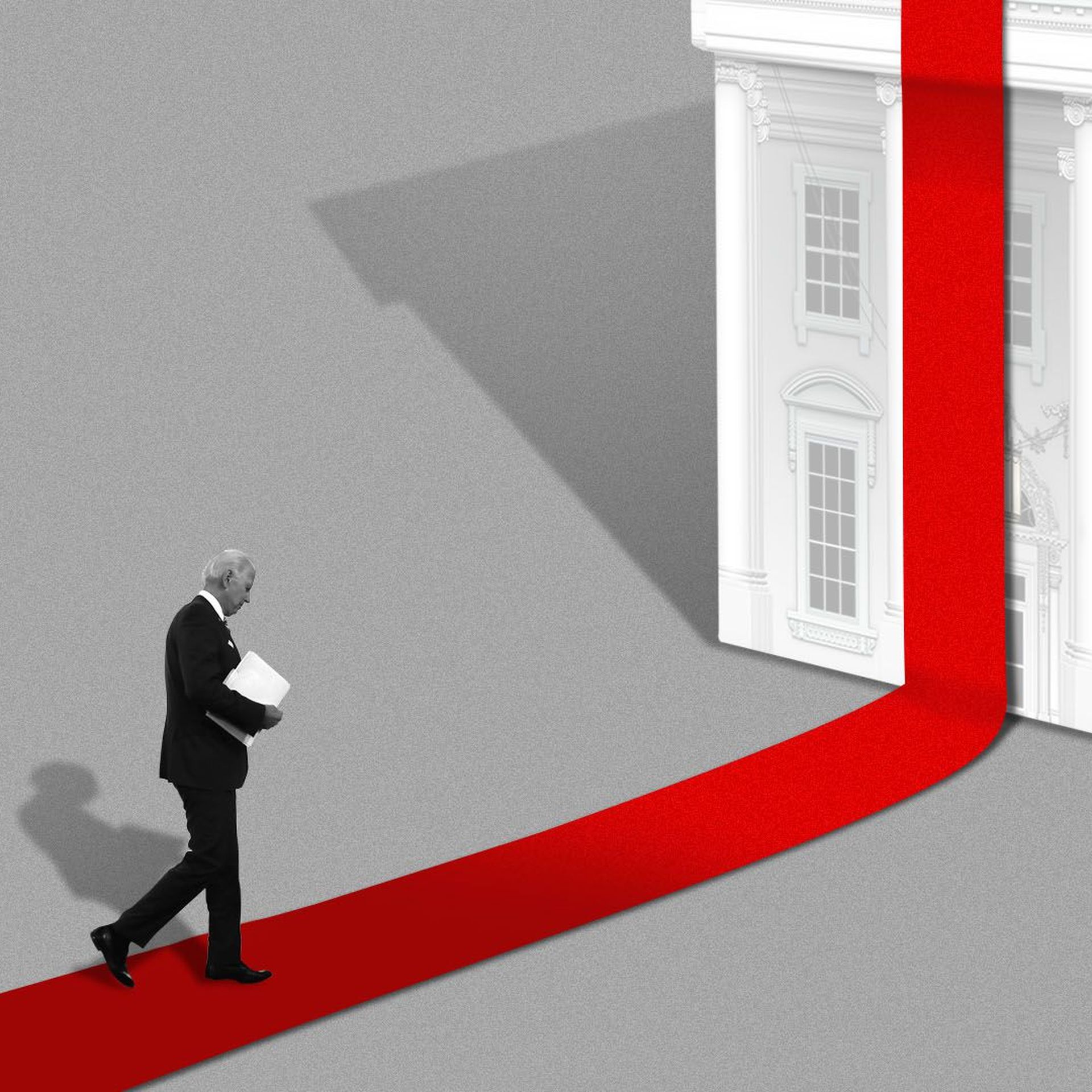 Illustration of President Elect Biden walking down a red carpet made out of ribbon towards a White House shaped box