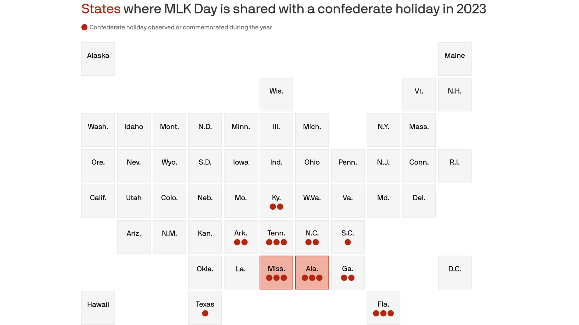 A cartogram that shows Mississippi and Alabama will observe both Martin Luther King, Jr. Day and a confederate holiday on the same day in 2023.
