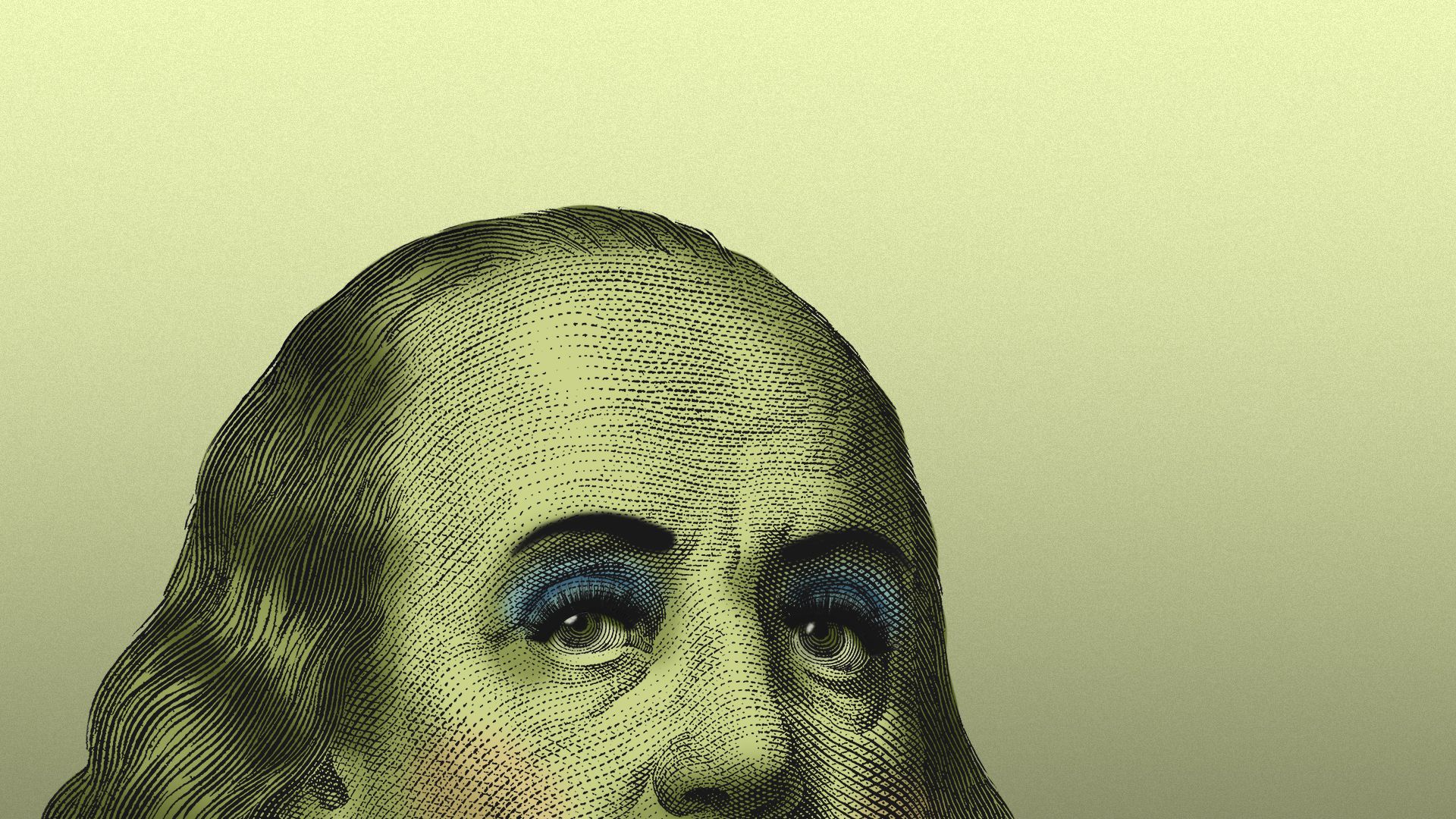 Illustration of Benjamin Franklin from a hundred dollar bill wearing makeup and fake eyelashes