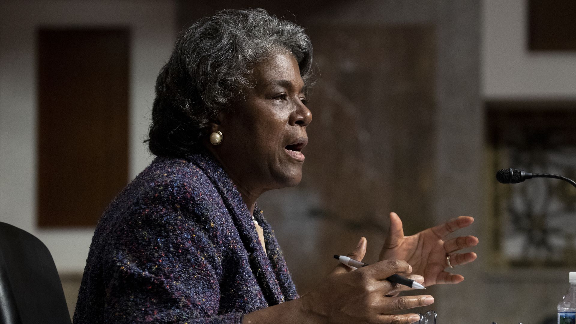 Photo of Linda Thomas-Greenfield speaking and gesturing with her hands