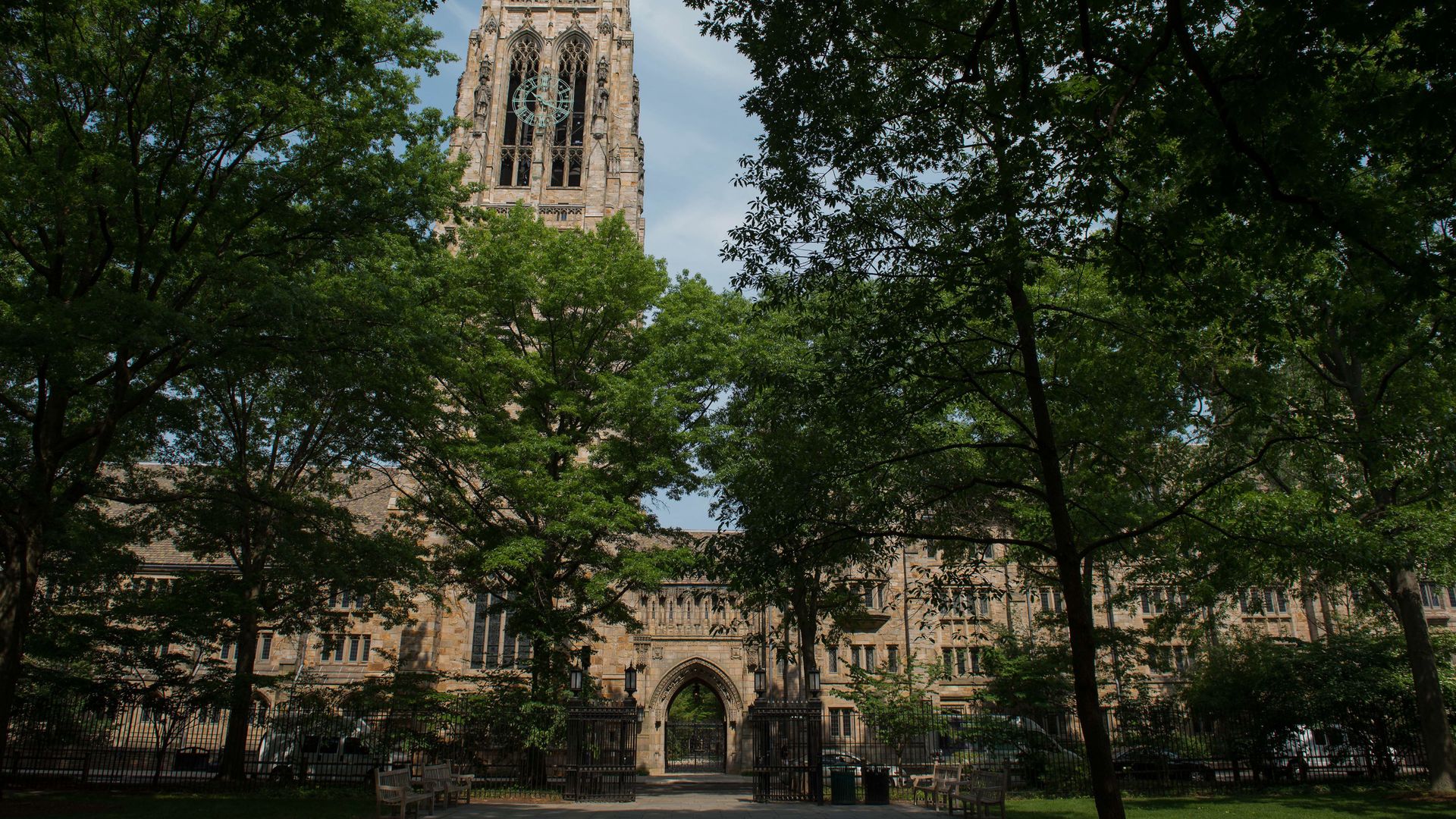 Harkness Tower stands on the Yale University campus