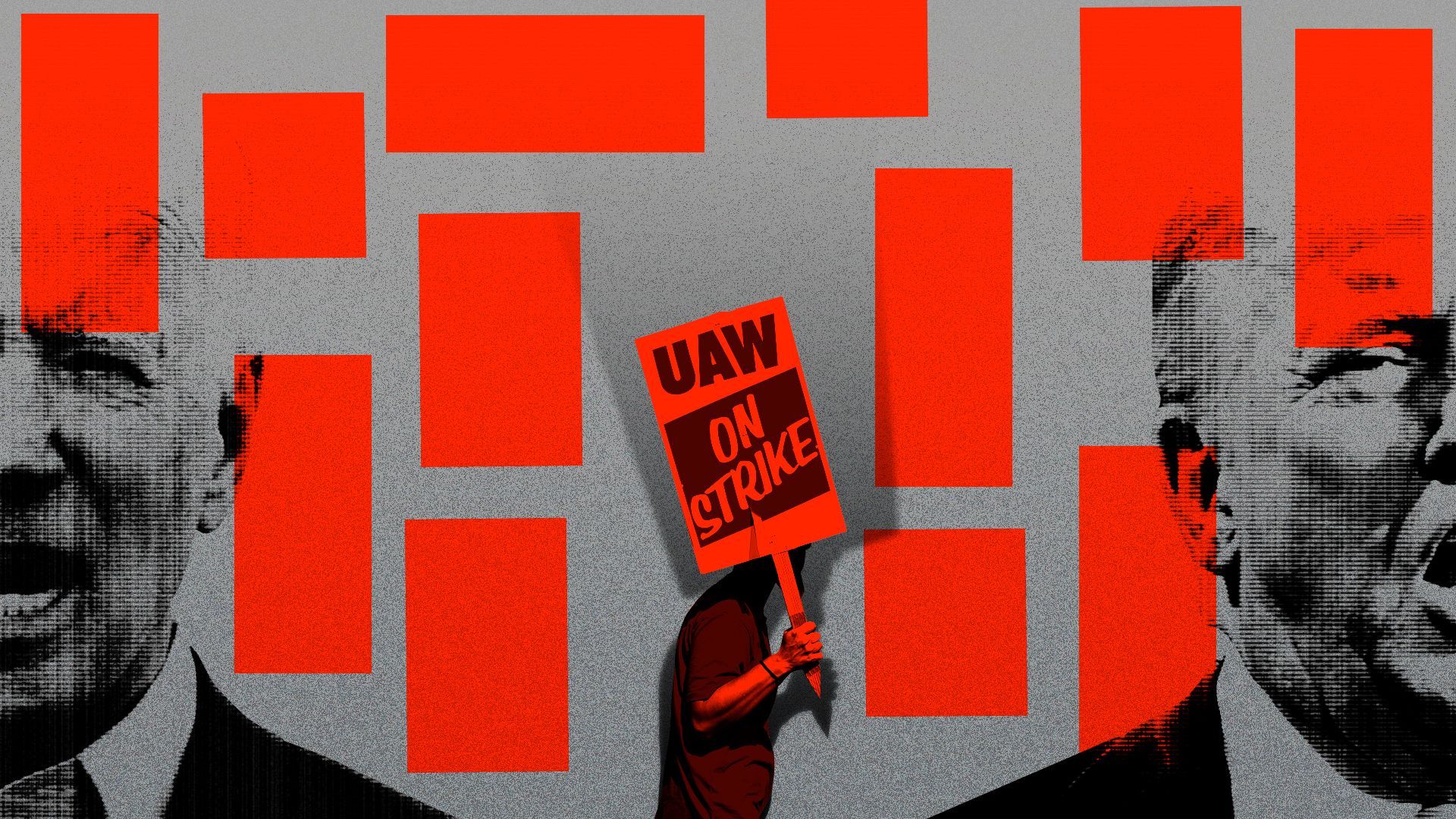 Photo illustration of Joe Biden and Donald Trump with their faces cut out in an abstract way against a background with a lone picketer in the foreground, surrounded by red rectangles.  