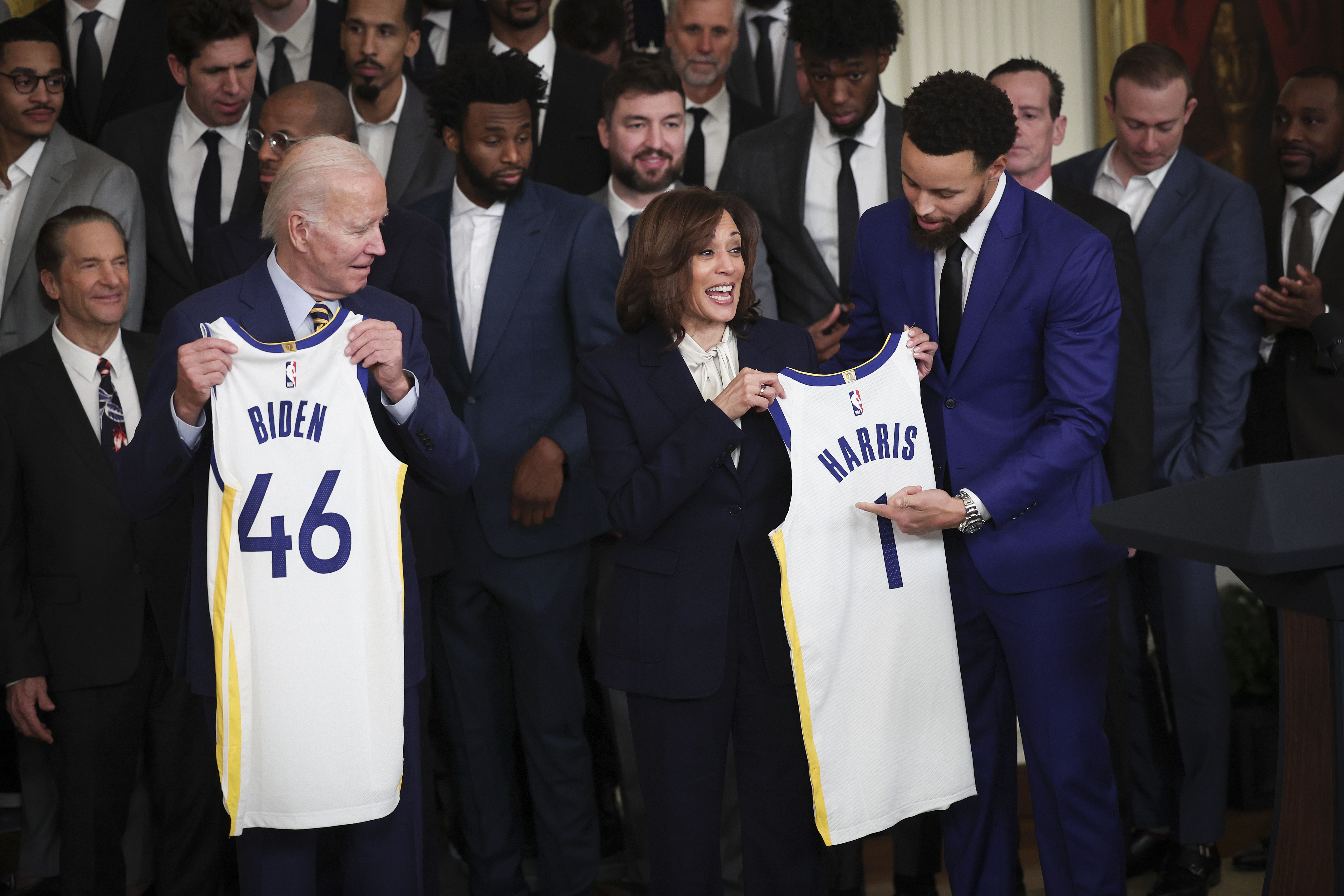 Biden and Kamala Harris with the Golden State Warriors