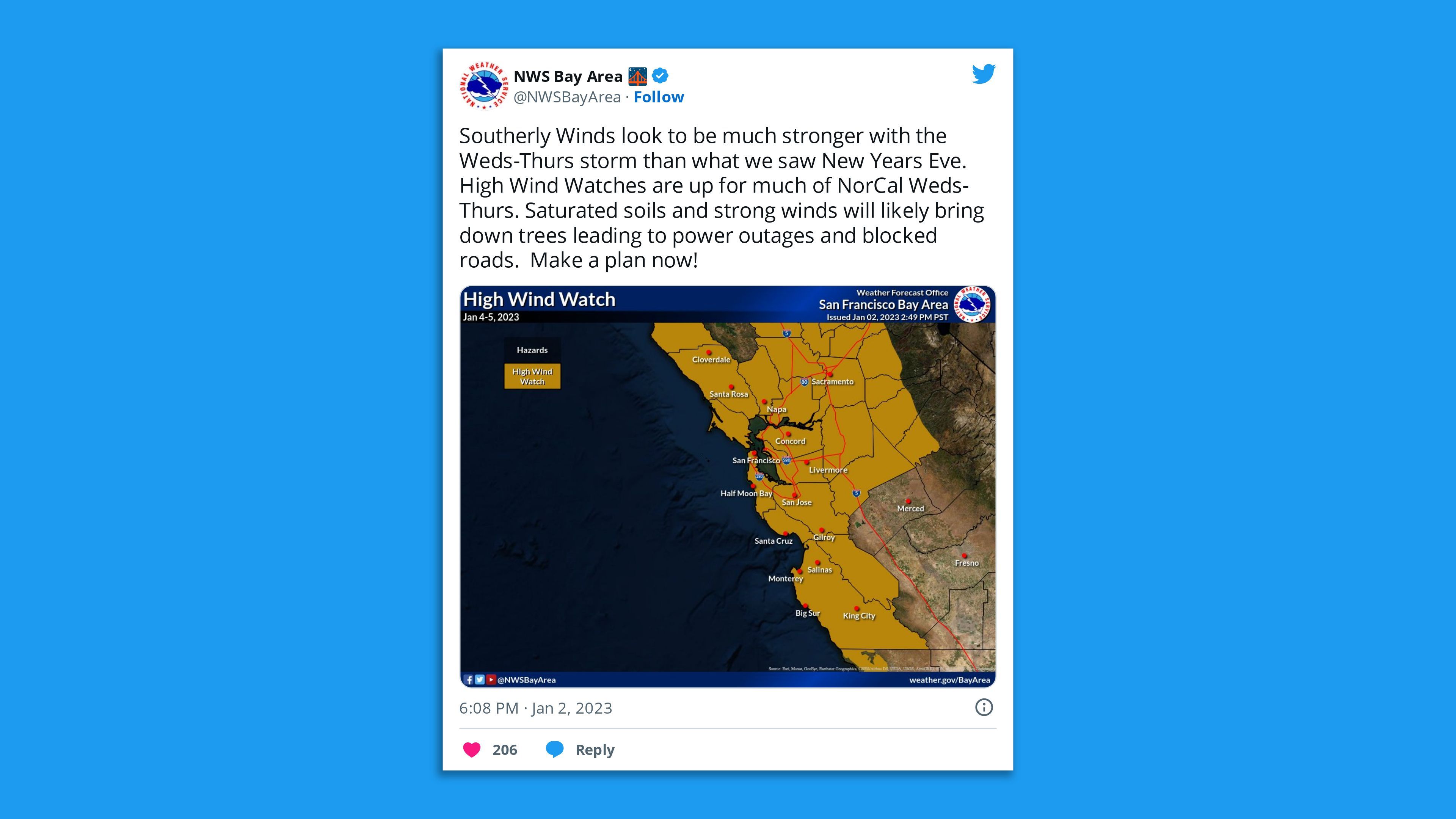 Screenshot of a NWS Bay Area tweet warning of high winds across the region due to storms.