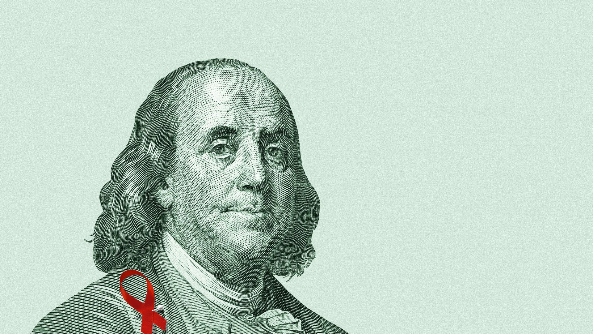Illustration of Benjamin Franklin wearing a support/ charity ribbon