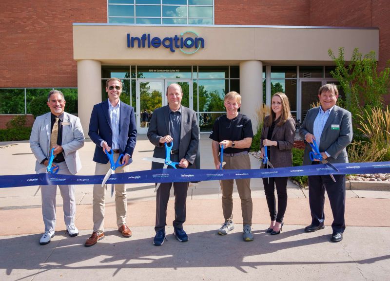 Six people stand behind a ribbon in front of an Infleqtion building