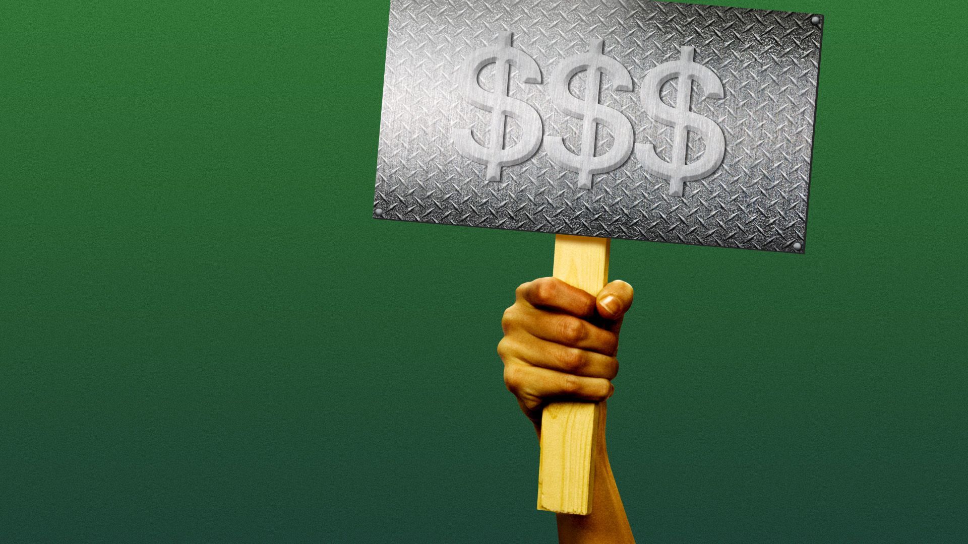 Illustration of a hand holding a protest sign made out of steel with dollar signs on it