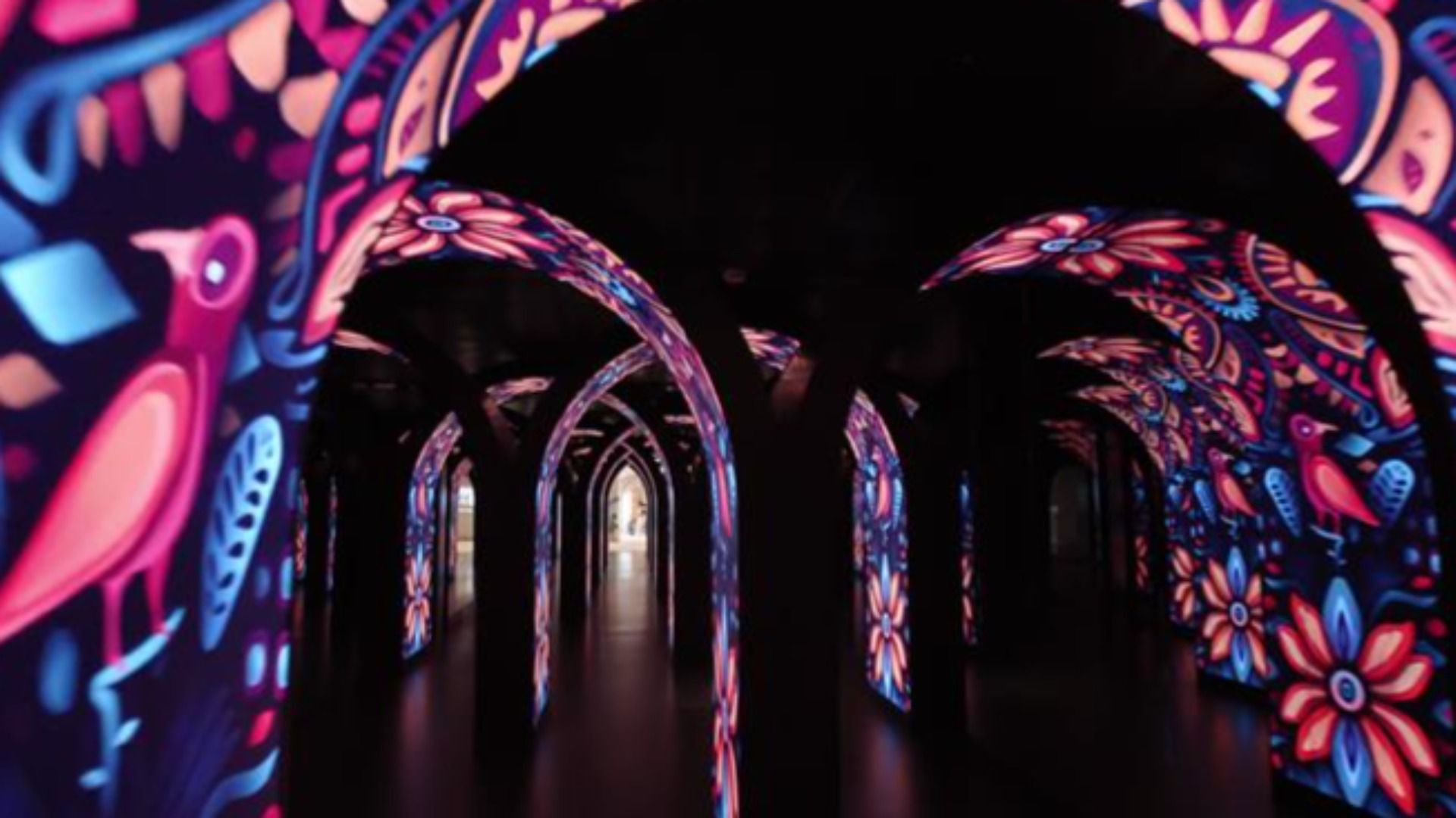 Dark space with multiple archways illuminated by colorful neon art featuring birds, flowers, and leaves in pink, blue, and red tones, creating a tunnel effect.