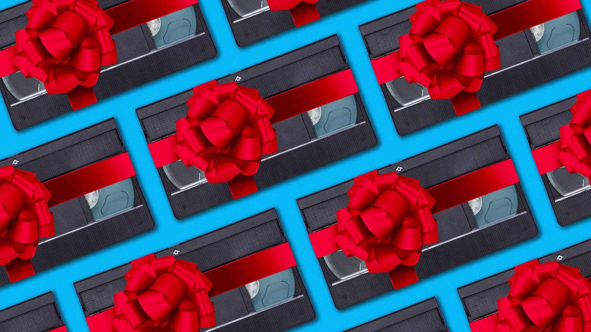 Pattern of VHS tapes wrapped in red ribbon on a blue background.