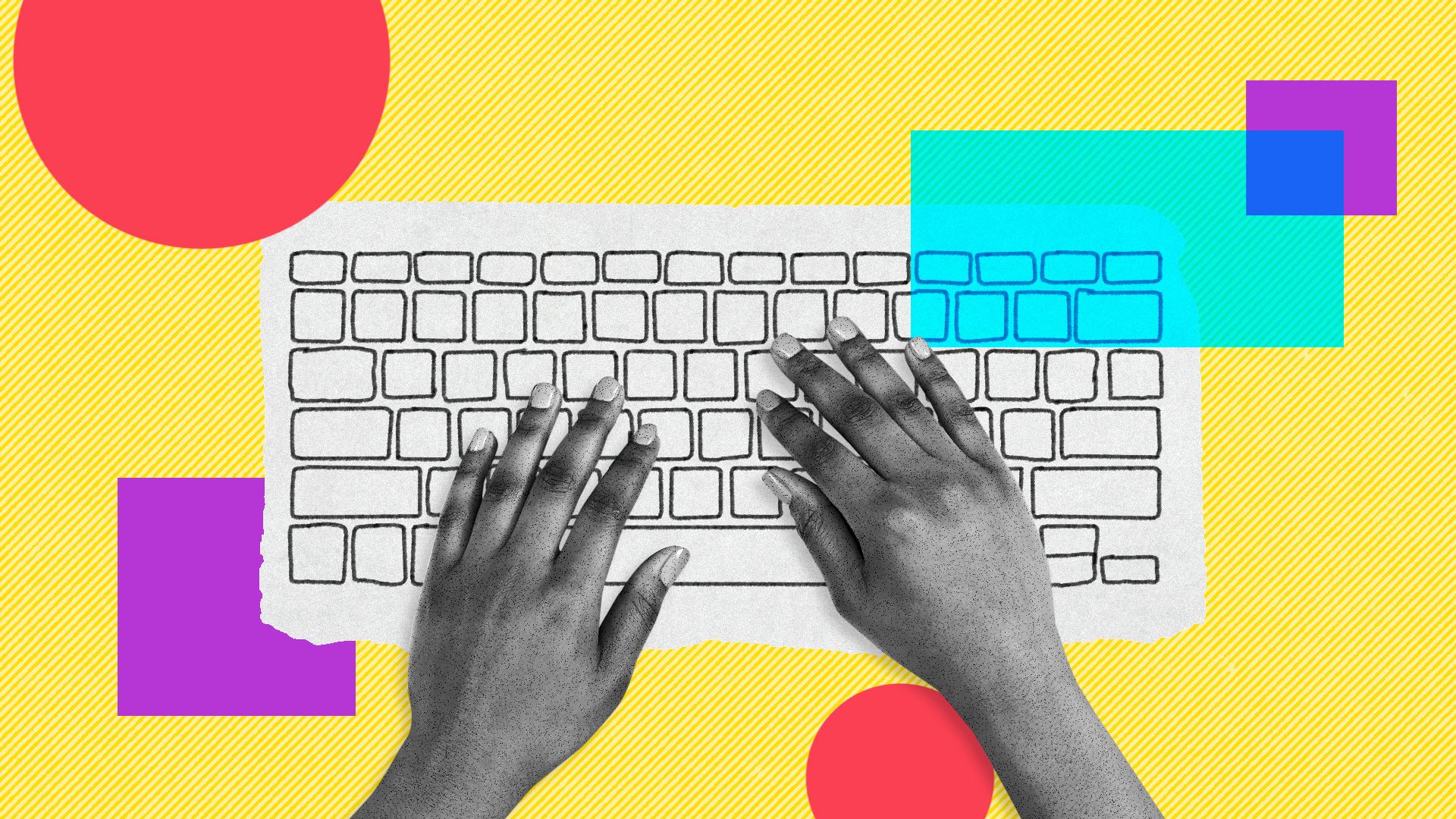 Illustration of hands typing on a keyboard surrounded by shapes.