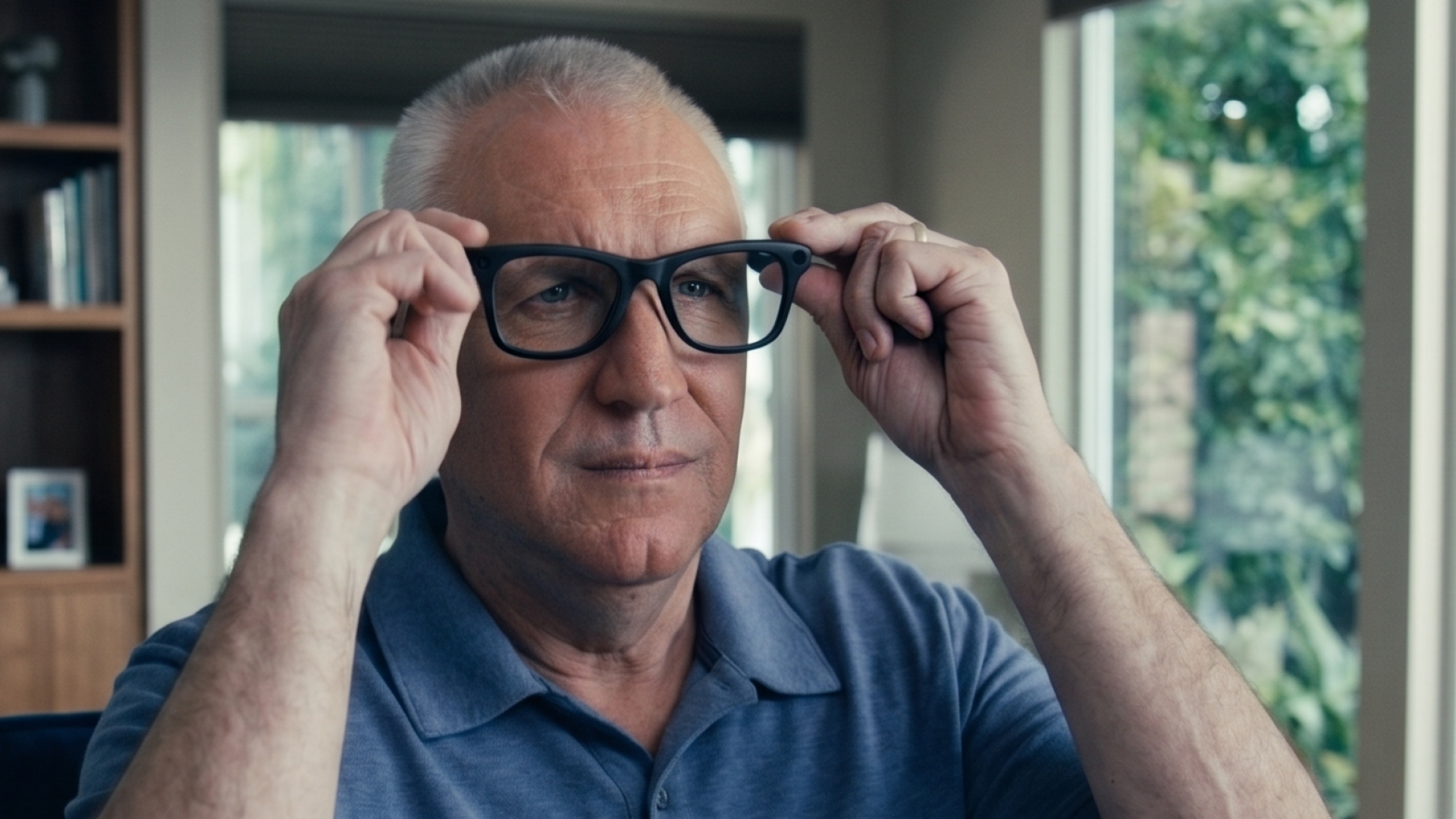 An older man with short gray hair and black glasses adjusts them with both hands. He wears a blue polo indoors, with a window and greenery visible outside and a bookshelf in the background.