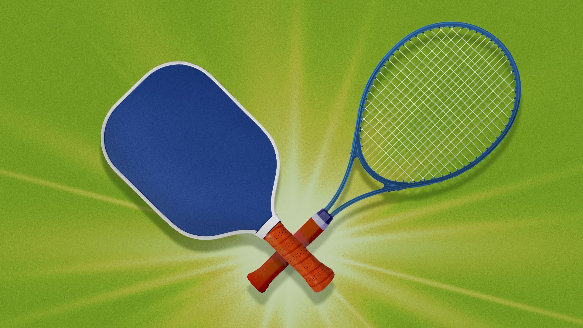 Illustration of a pickleball racket and a tennis racket in a dueling position.