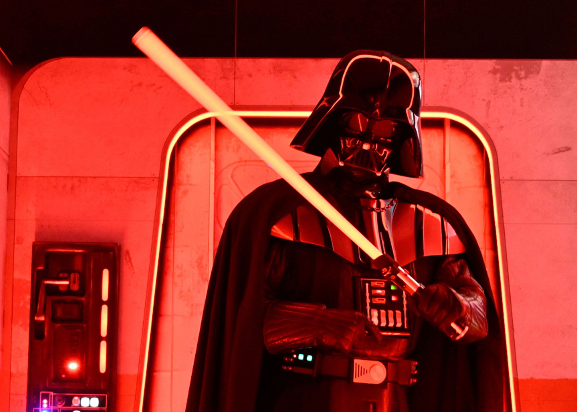 A Darth Vader costumed character poses at the Hasbro and Amazon Star Wars interactive Imperial March experience at the Empire State Building March 21, 2024, in New York. (Photo by Evan Agostini/Invision/AP, File)