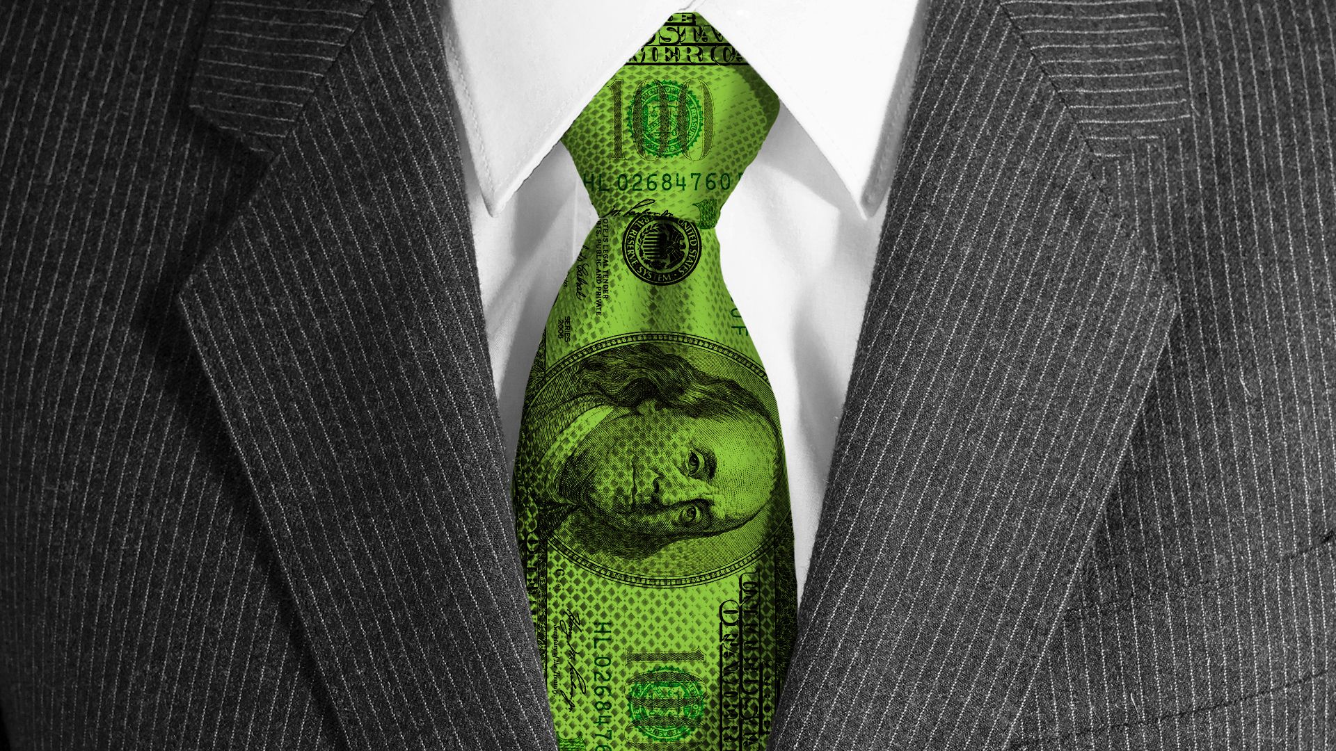 Illustration of a close up on a suit and tie with the tie made of a hundred dollar bill.