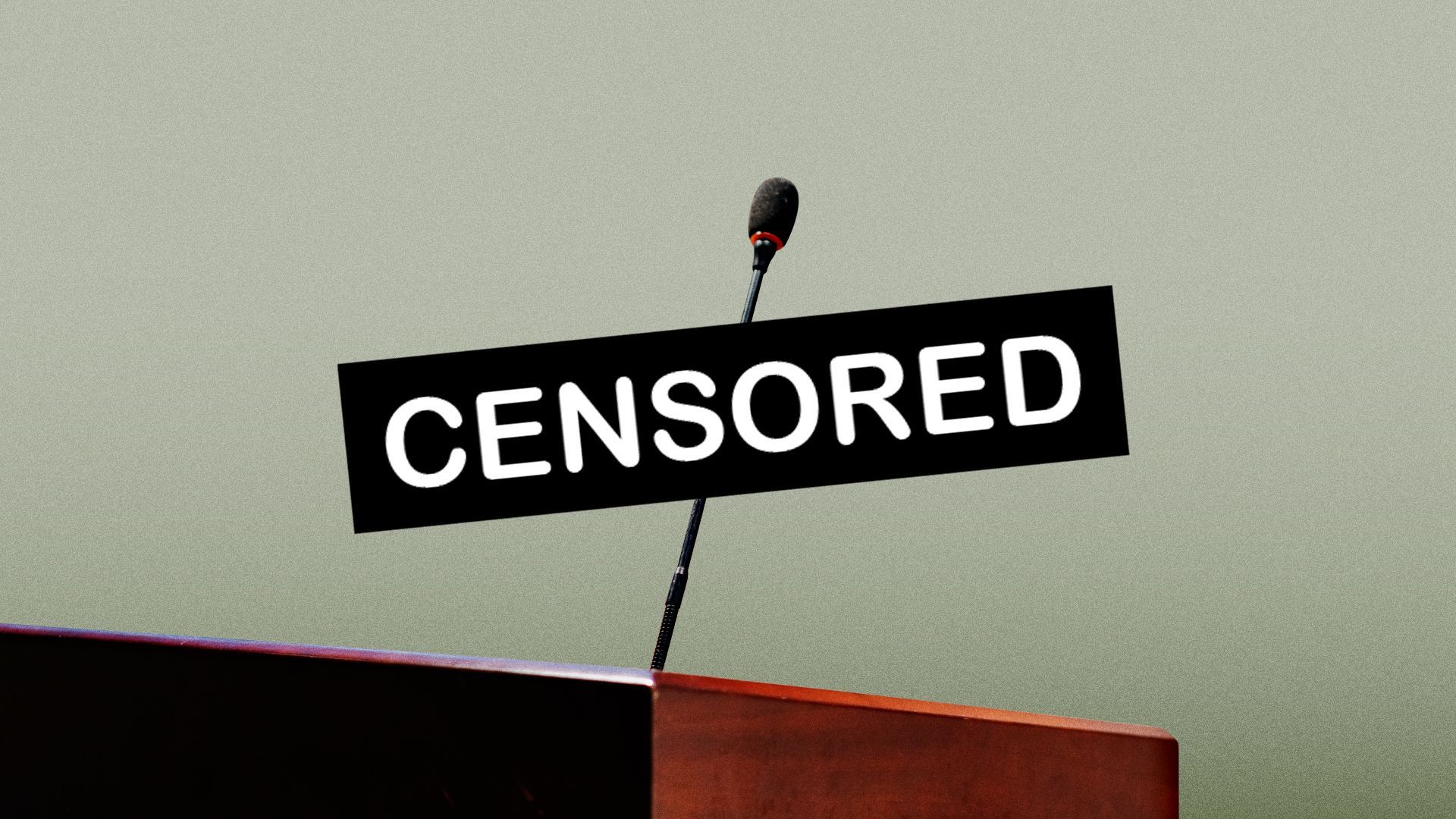 Illustration of a censored band over a microphone at a podium.