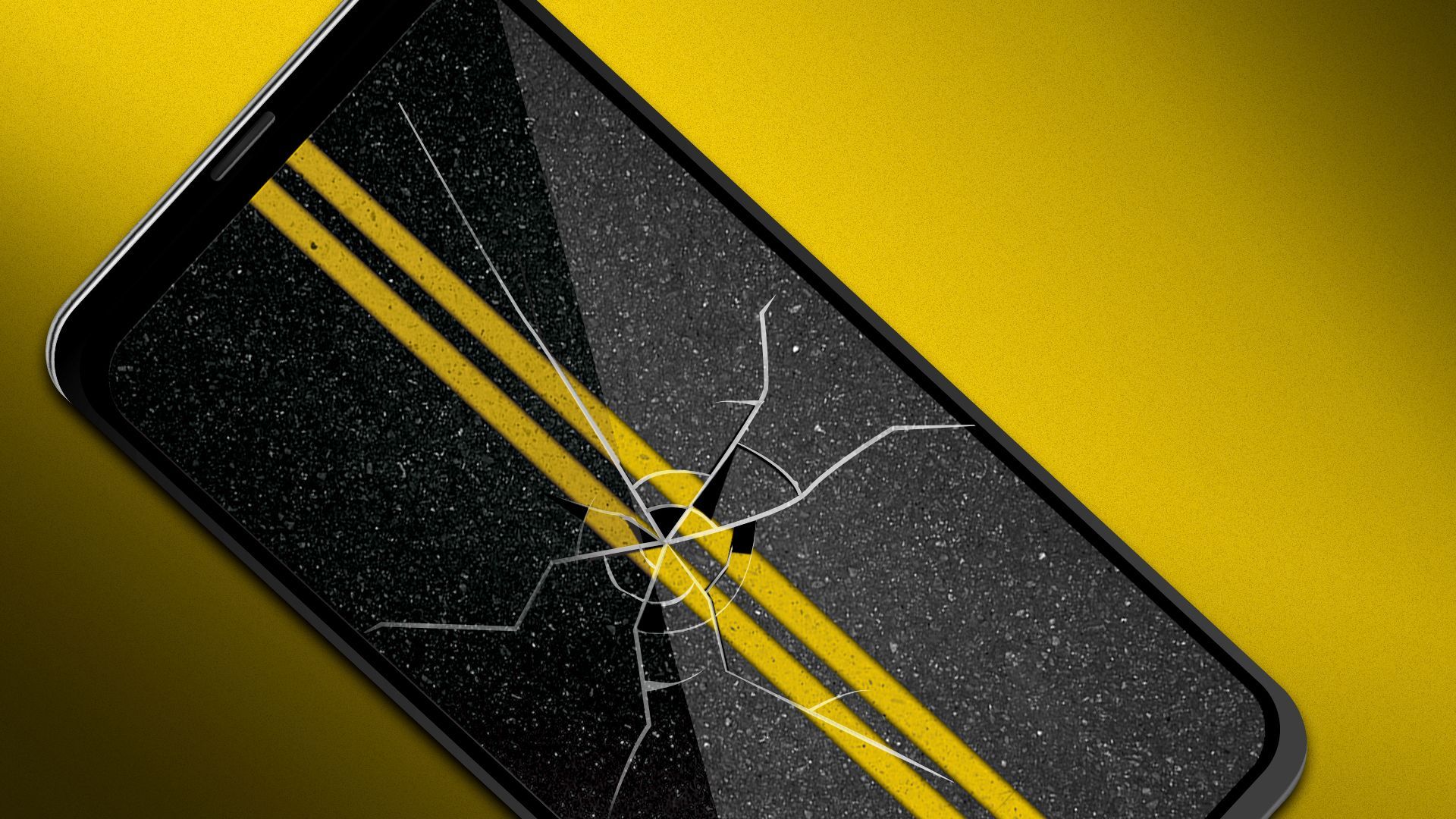 Illustration of a roadway on a cracked phone screen.