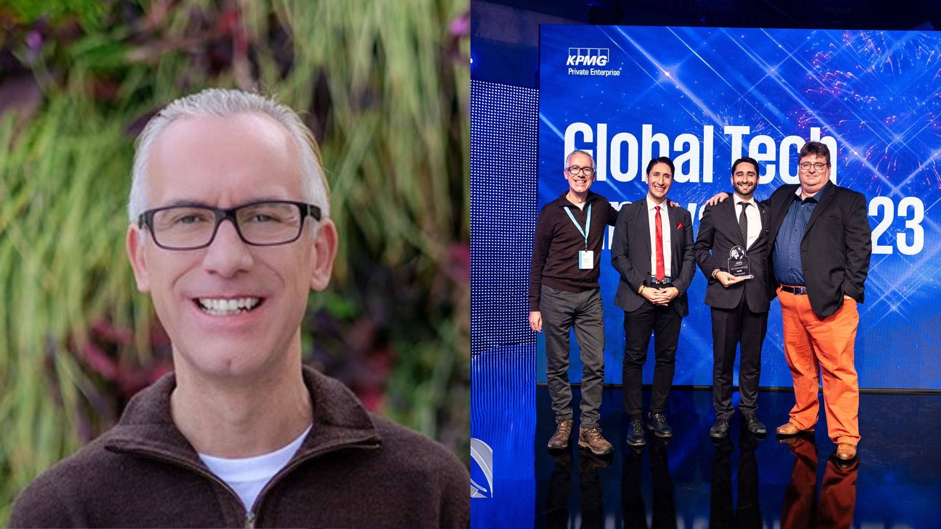 On the left is a headshot of a man wearing glasses. On the right is 4 men in suits in front of a blue background.
