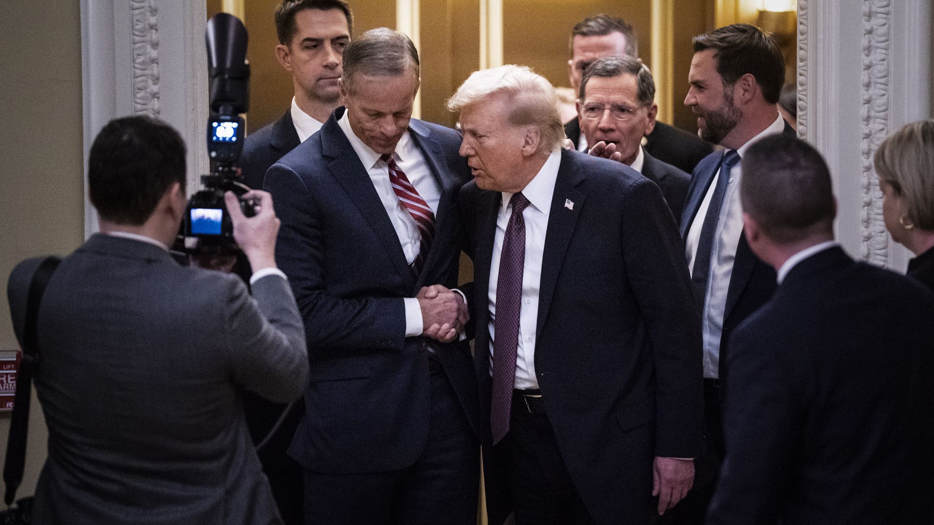 President-elect Donald Trump departs with Senate Majority Leader John Thune, R-S.D., after a meeting with Senate Republicans on Capitol Hill Wednesday, Jan 08, 2024 in Washington, DC